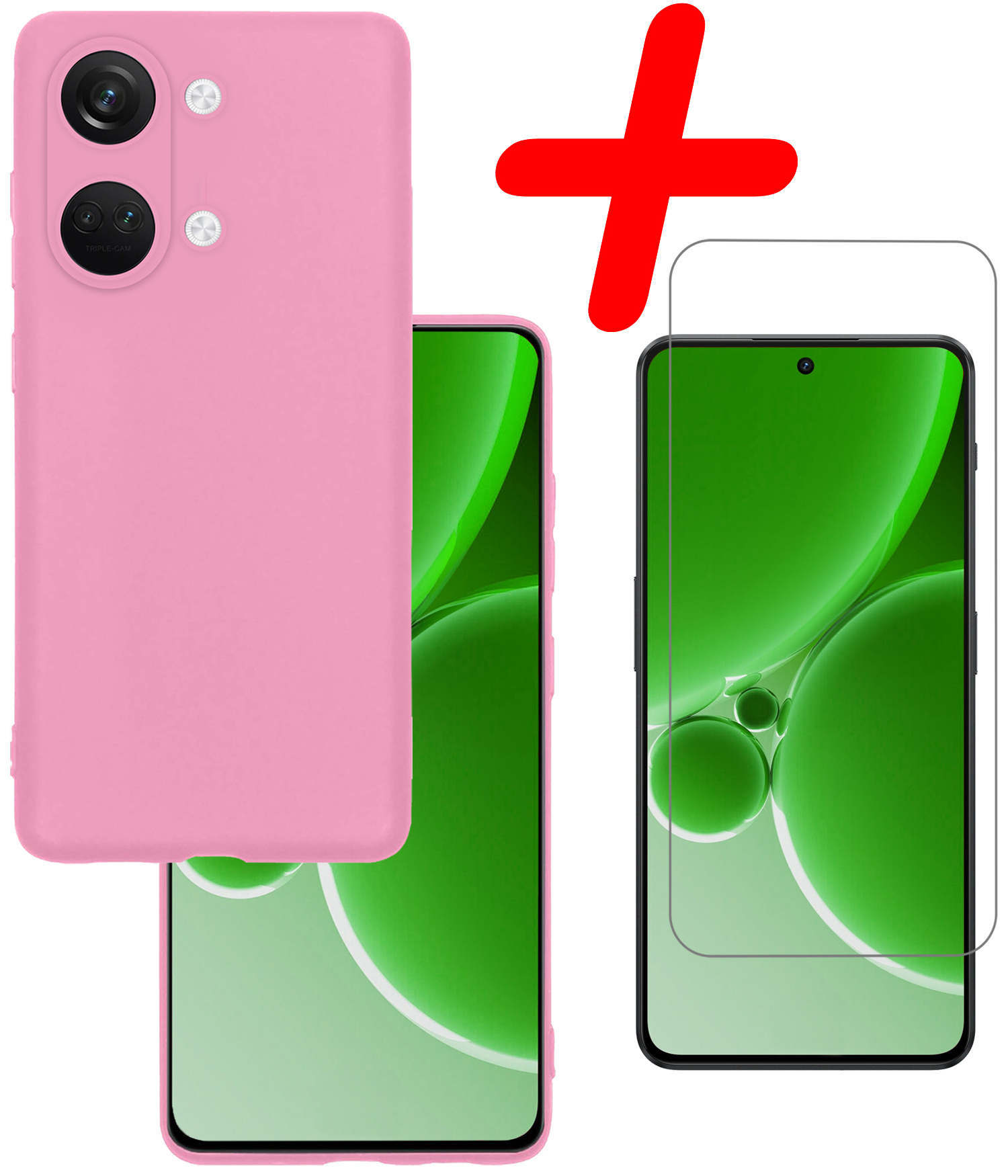 BASEY. Hoes Geschikt voor OnePlus Nord 3 Hoesje Siliconen Back Cover Case Met Screenprotector - Hoesje Geschikt voor OnePlus Nord 3 Hoes Cover Hoesje - Lichtroze