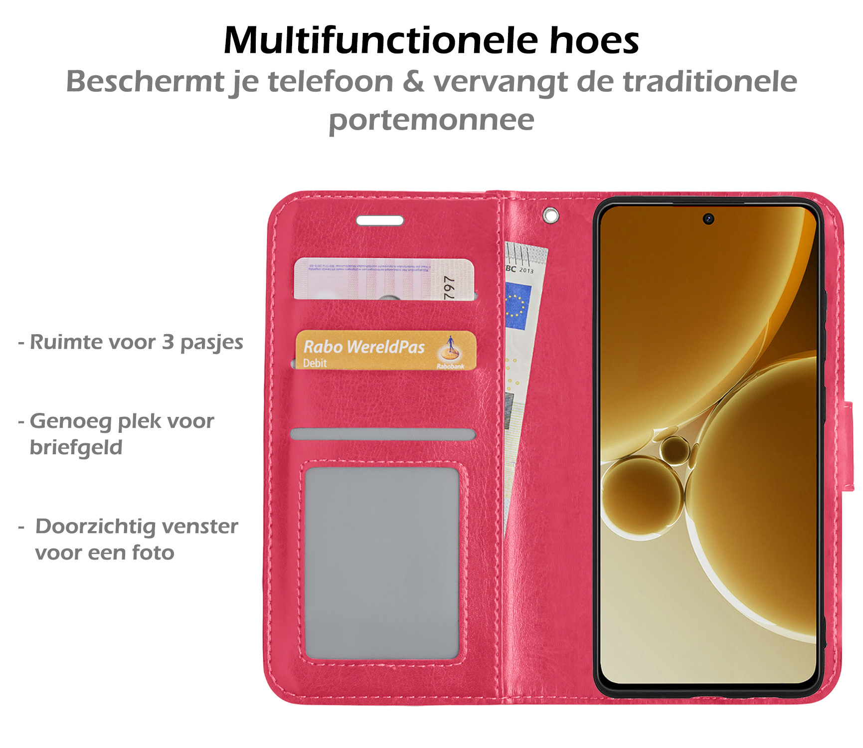 Nomfy Hoesje Geschikt voor OnePlus Nord 3 Hoes Bookcase Flipcase Book Cover Met Screenprotector - Hoes Geschikt voor OnePlus Nord 3 Hoesje Book Case - Donkerroze