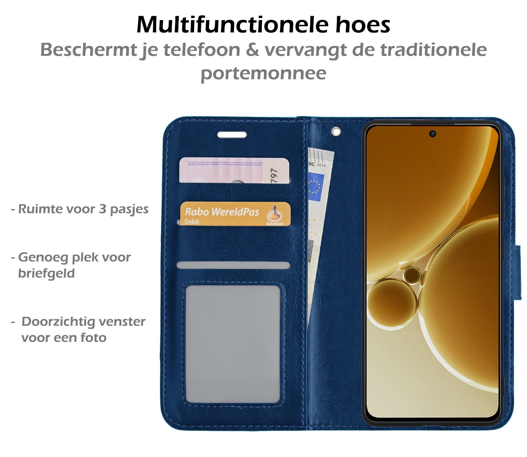 Nomfy Hoesje Geschikt voor OnePlus Nord 3 Hoes Bookcase Flipcase Book Cover Met 2x Screenprotector - Hoes Geschikt voor OnePlus Nord 3 Hoesje Book Case - Donkerblauw