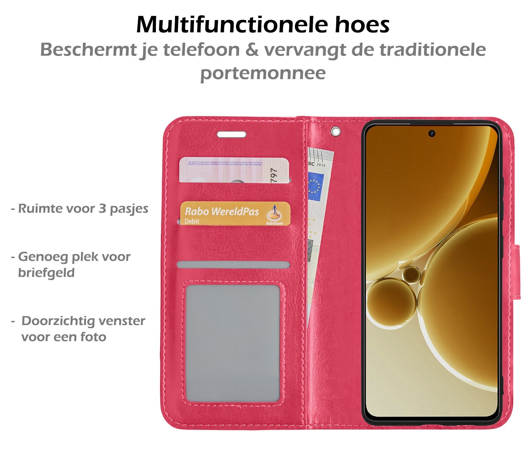 Nomfy Hoesje Geschikt voor OnePlus Nord 3 Hoes Bookcase Flipcase Book Cover Met 2x Screenprotector - Hoes Geschikt voor OnePlus Nord 3 Hoesje Book Case - Donkerroze