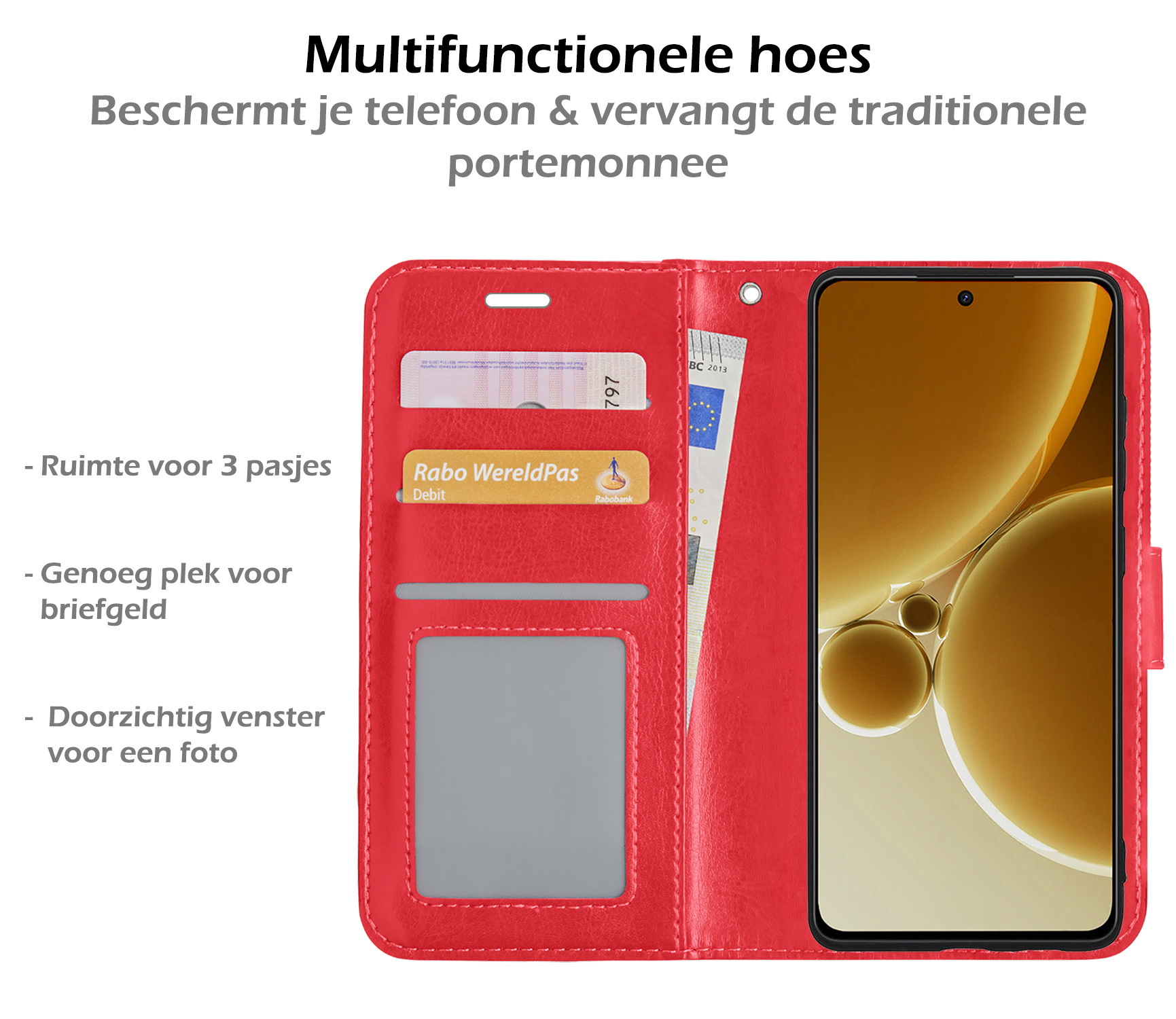 Nomfy Hoesje Geschikt voor OnePlus Nord 3 Hoes Bookcase Flipcase Book Cover Met 2x Screenprotector - Hoes Geschikt voor OnePlus Nord 3 Hoesje Book Case - Rood