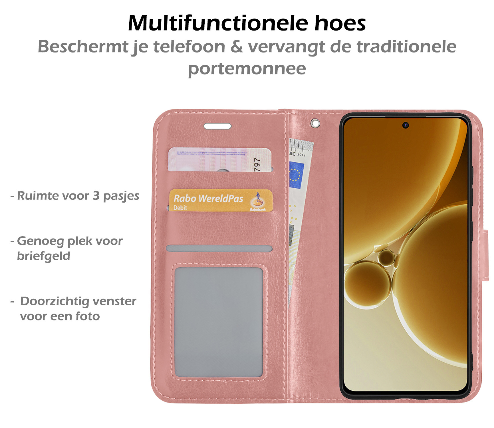 Nomfy Hoesje Geschikt voor OnePlus Nord 3 Hoes Bookcase Flipcase Book Cover Met 2x Screenprotector - Hoes Geschikt voor OnePlus Nord 3 Hoesje Book Case - Rosé goud