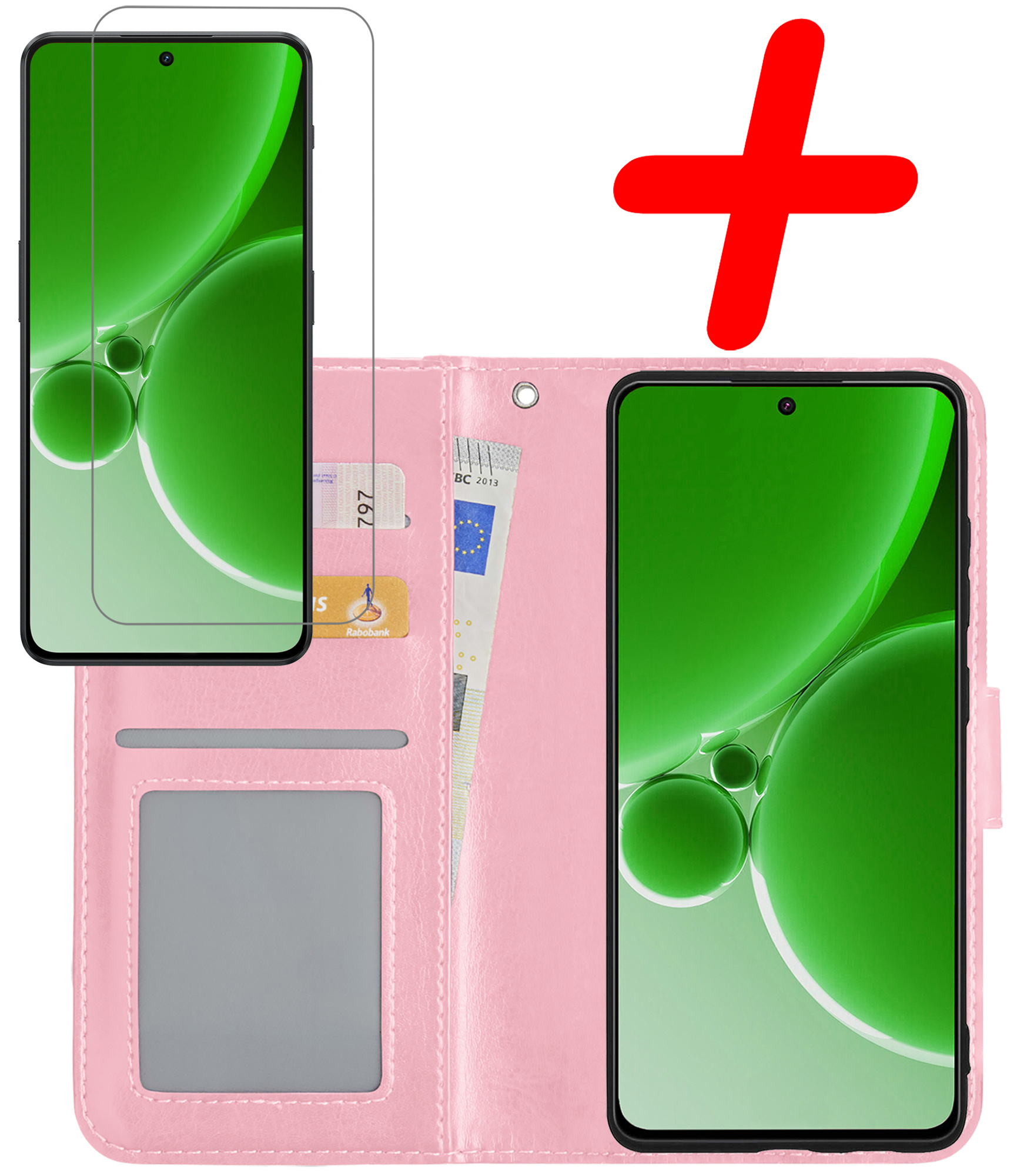 BASEY. Hoes Geschikt voor OnePlus Nord 3 Hoesje Bookcase Hoes Flip Case Book Cover Met Screenprotector - Hoesje Geschikt voor OnePlus Nord 3 Hoes Book Case Hoesje - Lichtroze