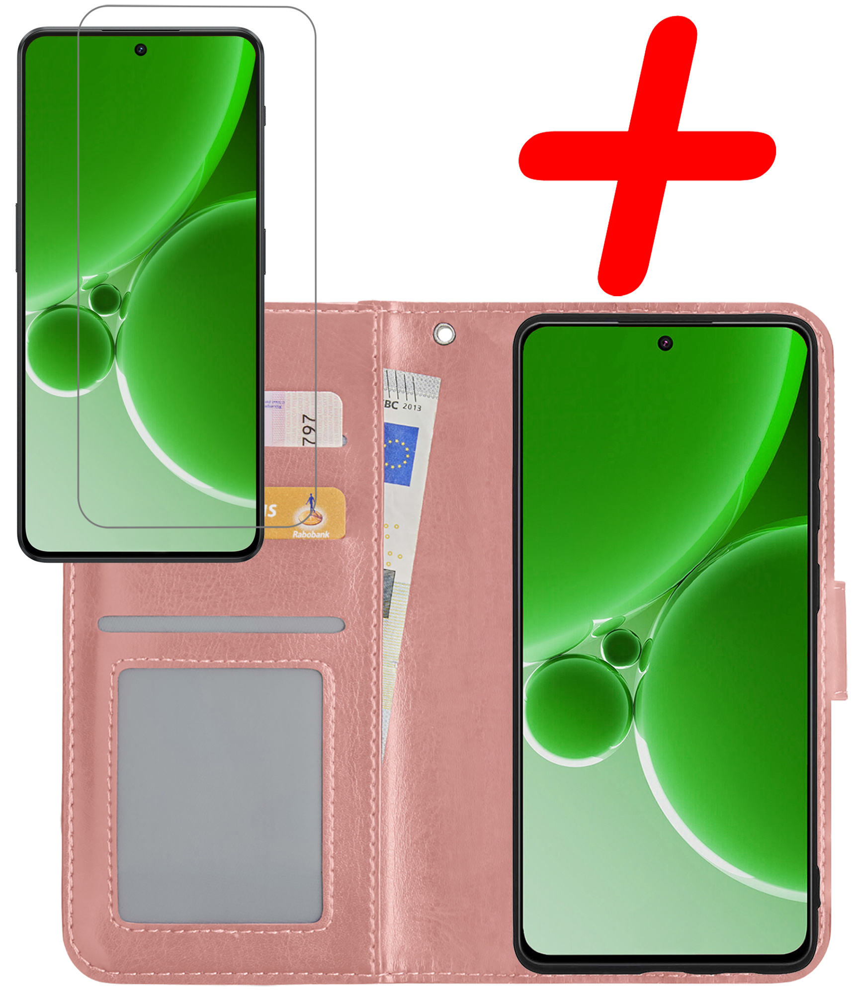 BASEY. Hoes Geschikt voor OnePlus Nord 3 Hoesje Bookcase Hoes Flip Case Book Cover Met Screenprotector - Hoesje Geschikt voor OnePlus Nord 3 Hoes Book Case Hoesje - Rosé goud