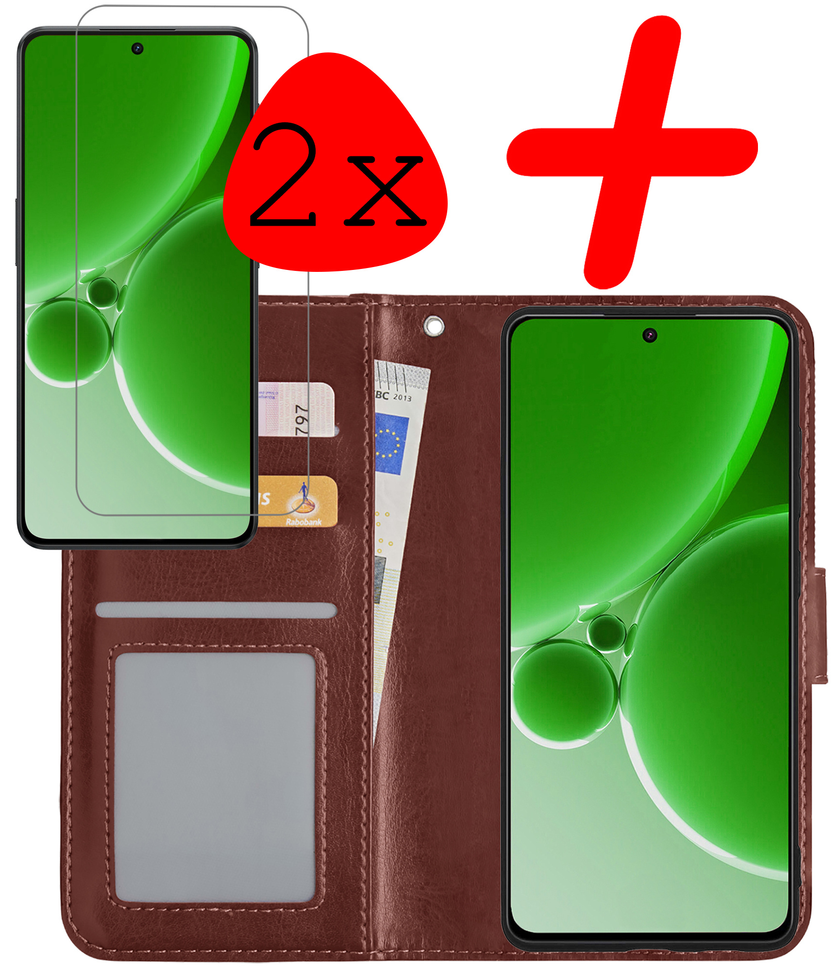 BASEY. Hoes Geschikt voor OnePlus Nord 3 Hoesje Bookcase Hoes Flip Case Book Cover Met 2x Screenprotector - Hoesje Geschikt voor OnePlus Nord 3 Hoes Book Case Hoesje - Bruin
