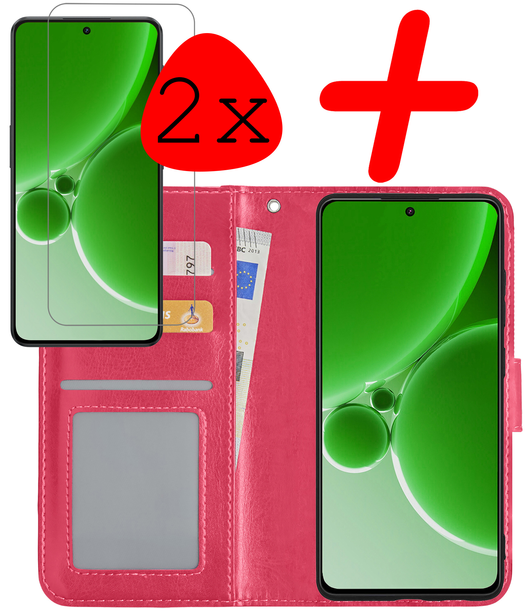 BASEY. Hoes Geschikt voor OnePlus Nord 3 Hoesje Bookcase Hoes Flip Case Book Cover Met 2x Screenprotector - Hoesje Geschikt voor OnePlus Nord 3 Hoes Book Case Hoesje - Donkerroze