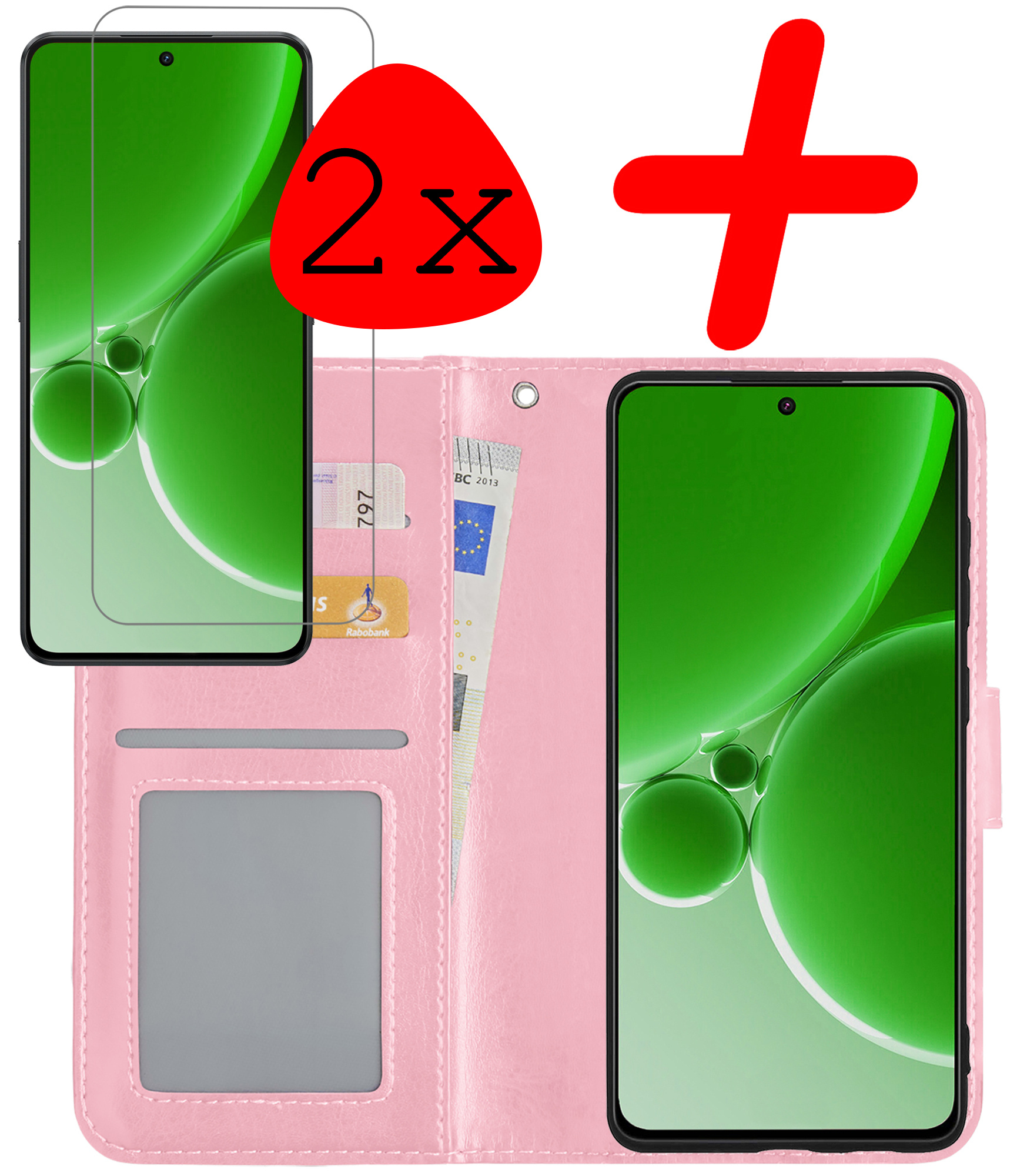 BASEY. Hoes Geschikt voor OnePlus Nord 3 Hoesje Bookcase Hoes Flip Case Book Cover Met 2x Screenprotector - Hoesje Geschikt voor OnePlus Nord 3 Hoes Book Case Hoesje - Lichtroze