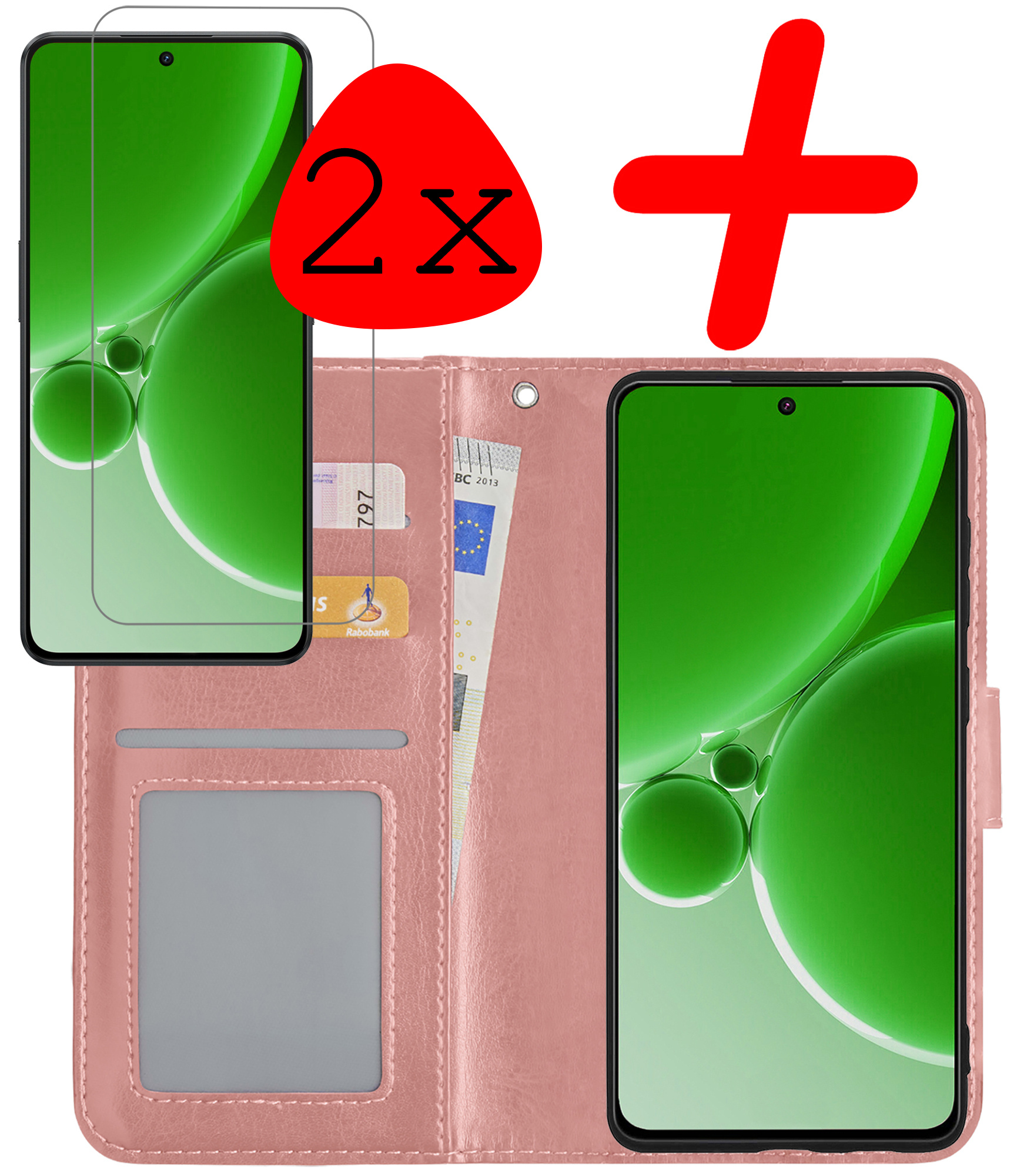 BASEY. Hoes Geschikt voor OnePlus Nord 3 Hoesje Bookcase Hoes Flip Case Book Cover Met 2x Screenprotector - Hoesje Geschikt voor OnePlus Nord 3 Hoes Book Case Hoesje - Rosé goud