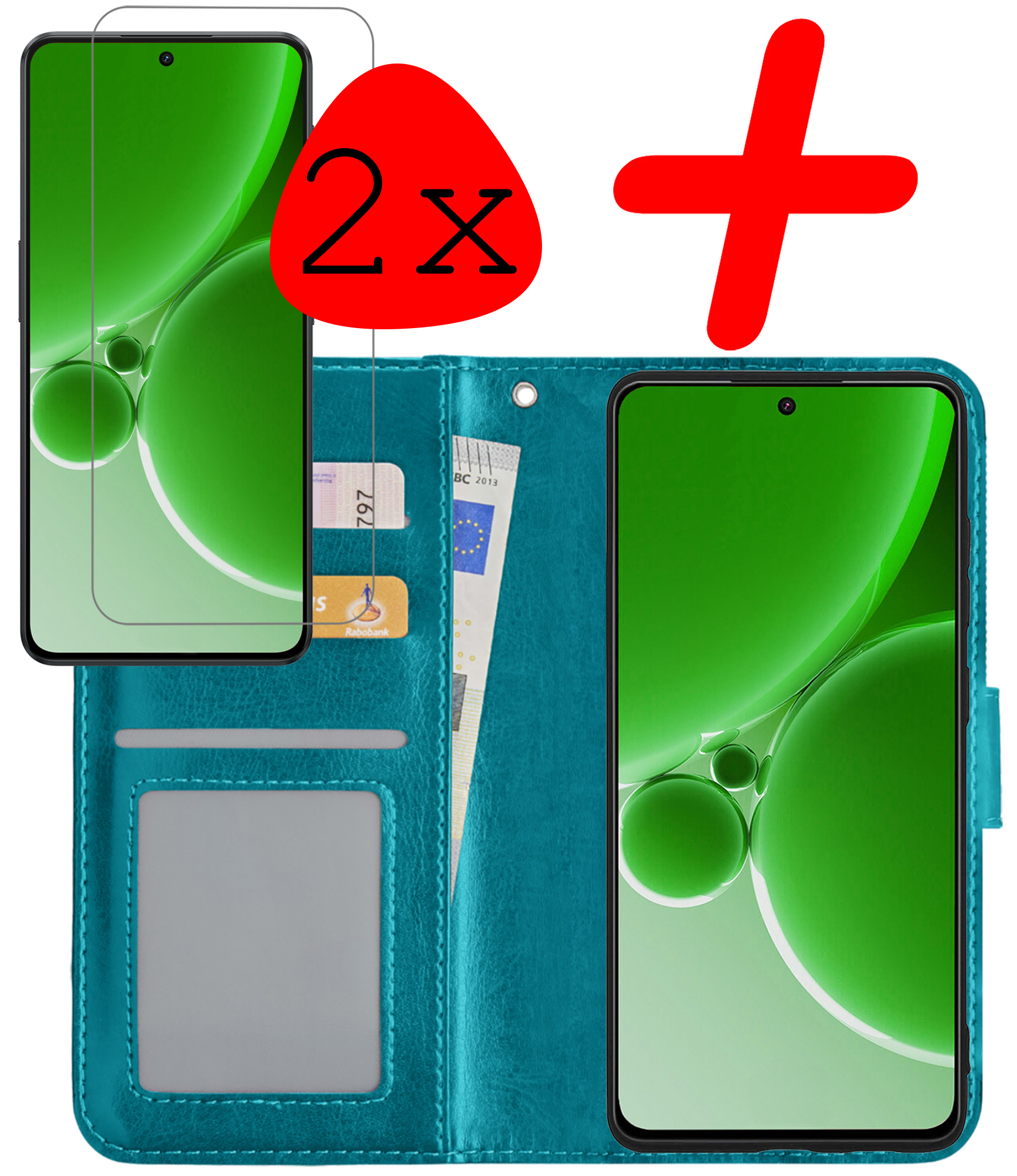 BASEY. Hoes Geschikt voor OnePlus Nord 3 Hoesje Bookcase Hoes Flip Case Book Cover Met 2x Screenprotector - Hoesje Geschikt voor OnePlus Nord 3 Hoes Book Case Hoesje - Turquoise