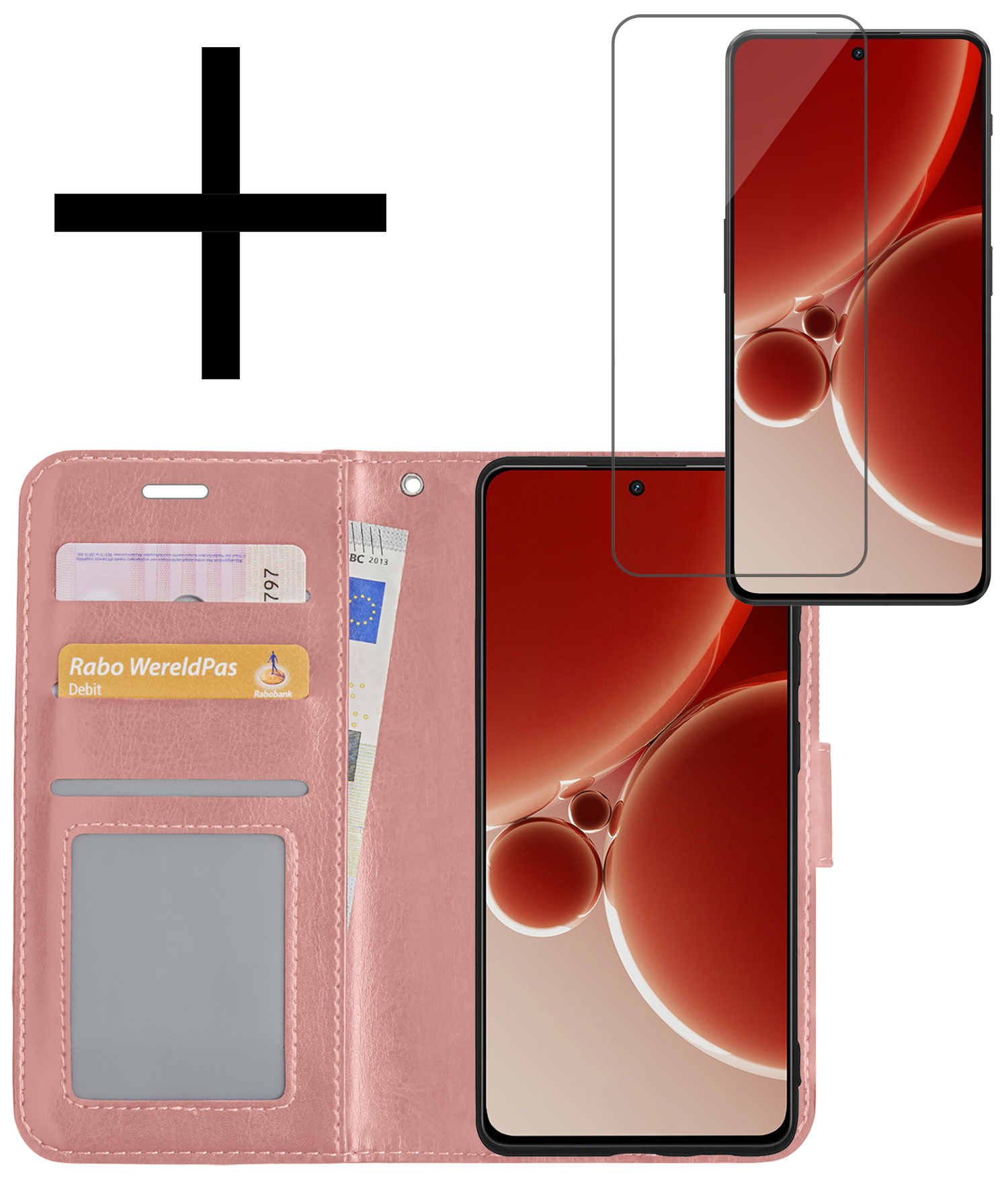 NoXx Hoes Geschikt voor OnePlus Nord 3 Hoesje Book Case Hoes Flip Cover Wallet Bookcase Met Screenprotector - Rosé goud