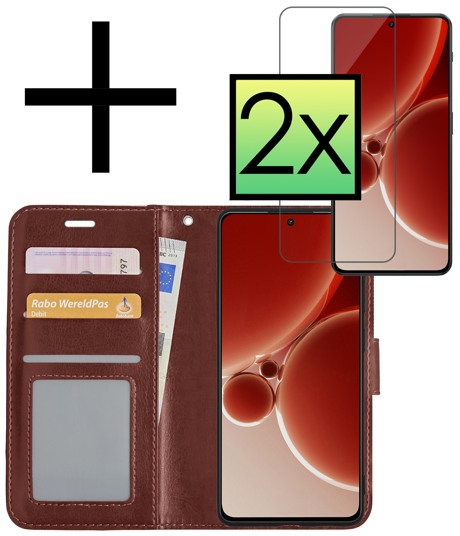 NoXx Hoes Geschikt voor OnePlus Nord 3 Hoesje Book Case Hoes Flip Cover Wallet Bookcase Met 2x Screenprotector - Bruin