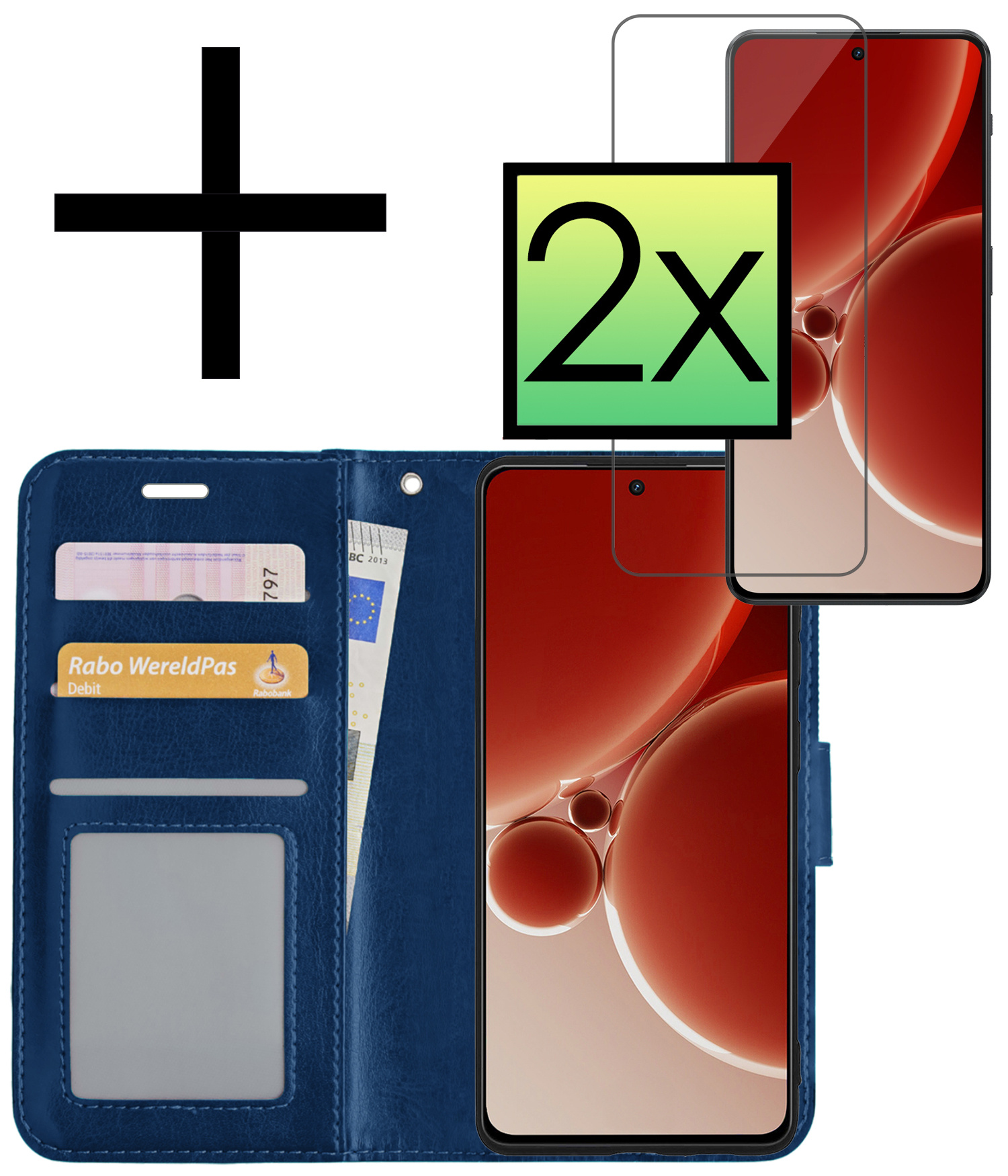 NoXx Hoes Geschikt voor OnePlus Nord 3 Hoesje Book Case Hoes Flip Cover Wallet Bookcase Met 2x Screenprotector - Donkerblauw