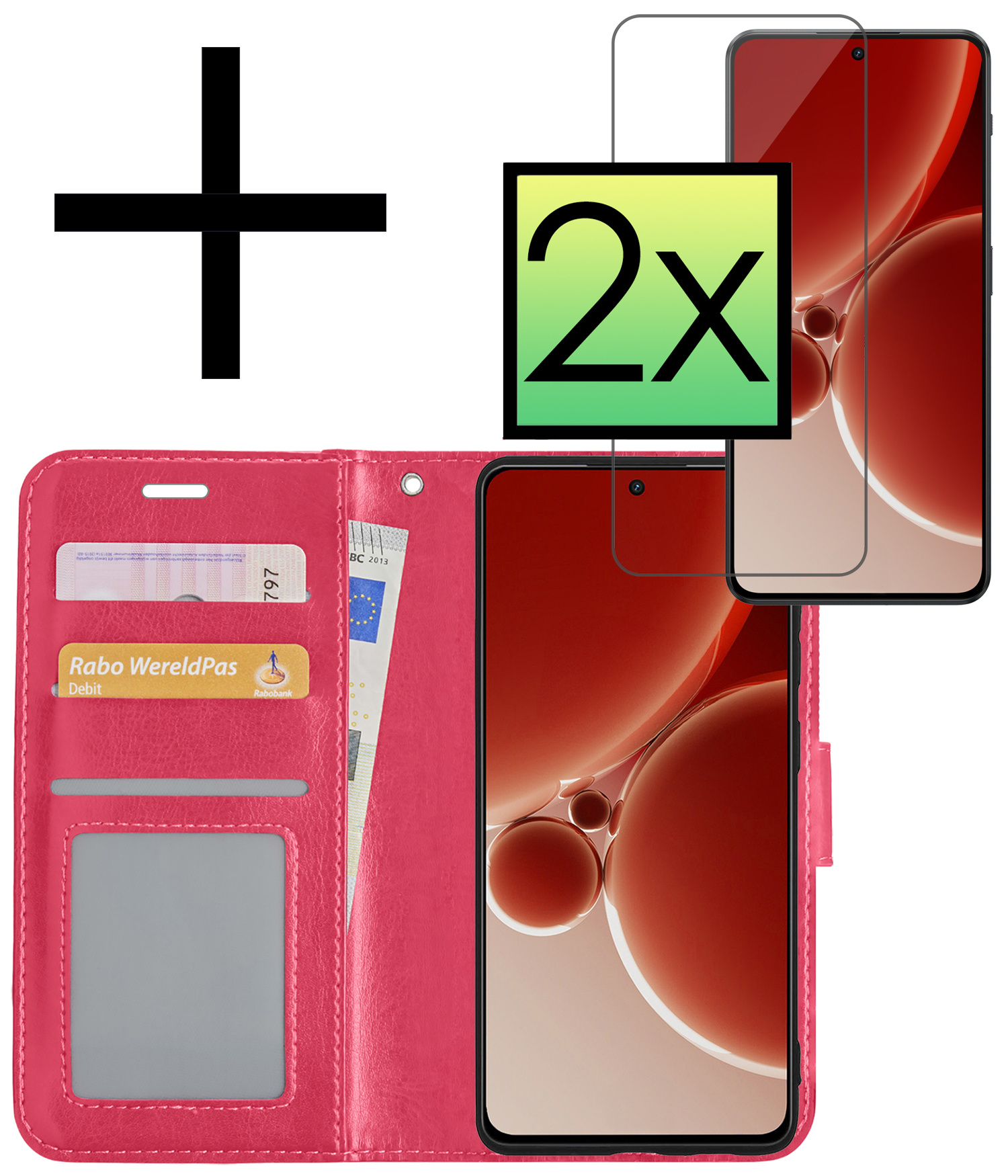 NoXx Hoes Geschikt voor OnePlus Nord 3 Hoesje Book Case Hoes Flip Cover Wallet Bookcase Met 2x Screenprotector - Donkerroze