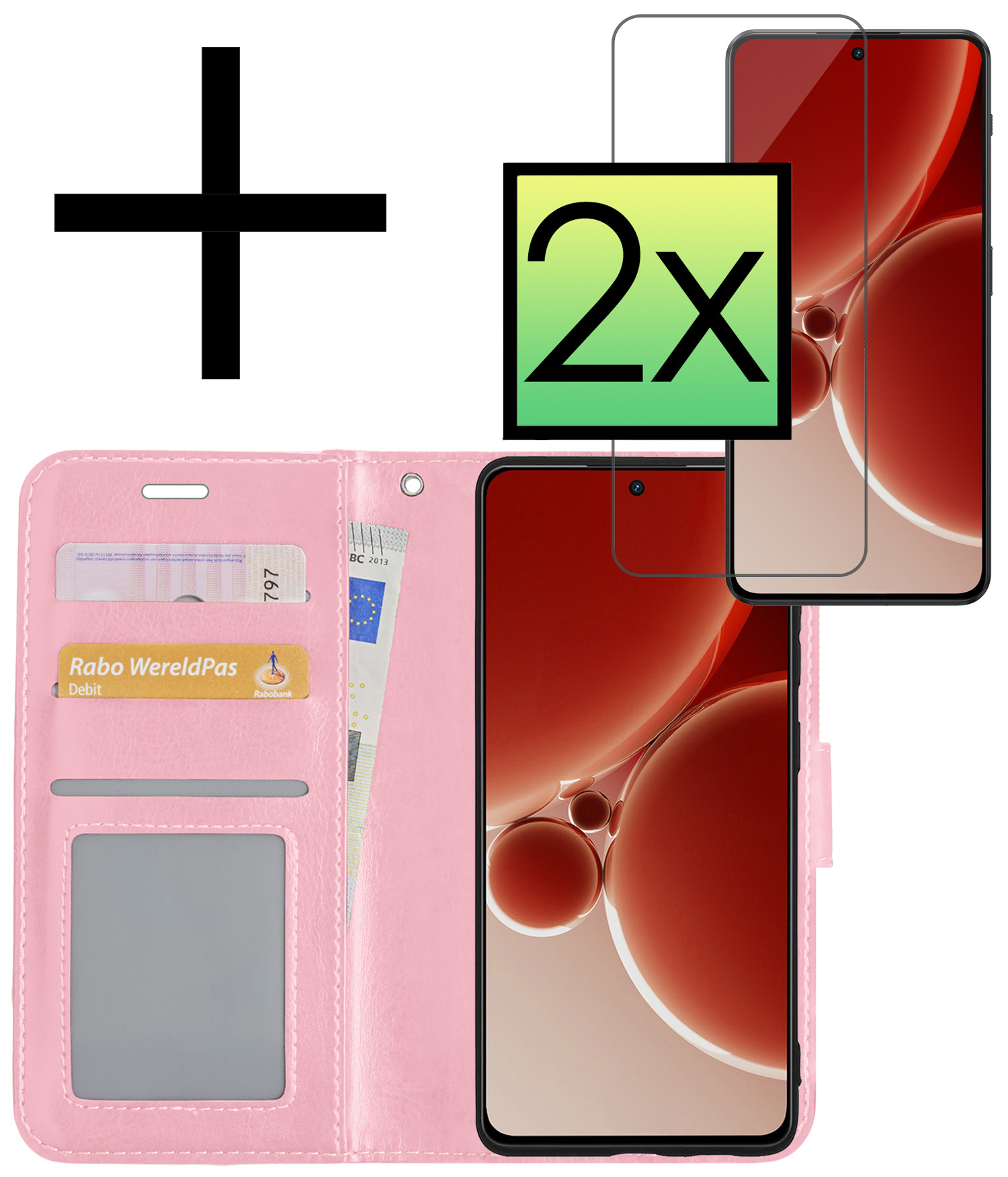 NoXx Hoes Geschikt voor OnePlus Nord 3 Hoesje Book Case Hoes Flip Cover Wallet Bookcase Met 2x Screenprotector - Lichtroze