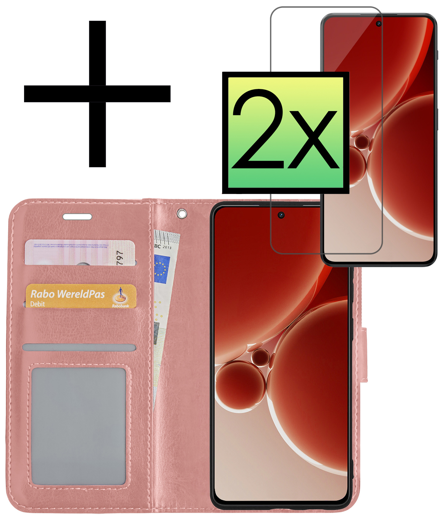 NoXx Hoes Geschikt voor OnePlus Nord 3 Hoesje Book Case Hoes Flip Cover Wallet Bookcase Met 2x Screenprotector - Rosé goud