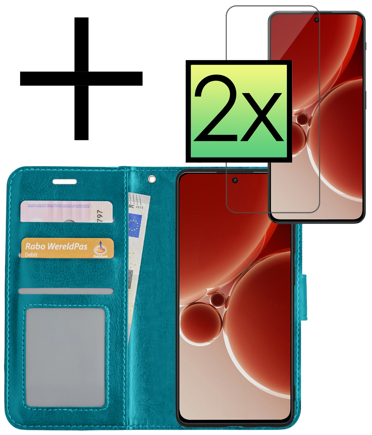 NoXx Hoes Geschikt voor OnePlus Nord 3 Hoesje Book Case Hoes Flip Cover Wallet Bookcase Met 2x Screenprotector - Turquoise