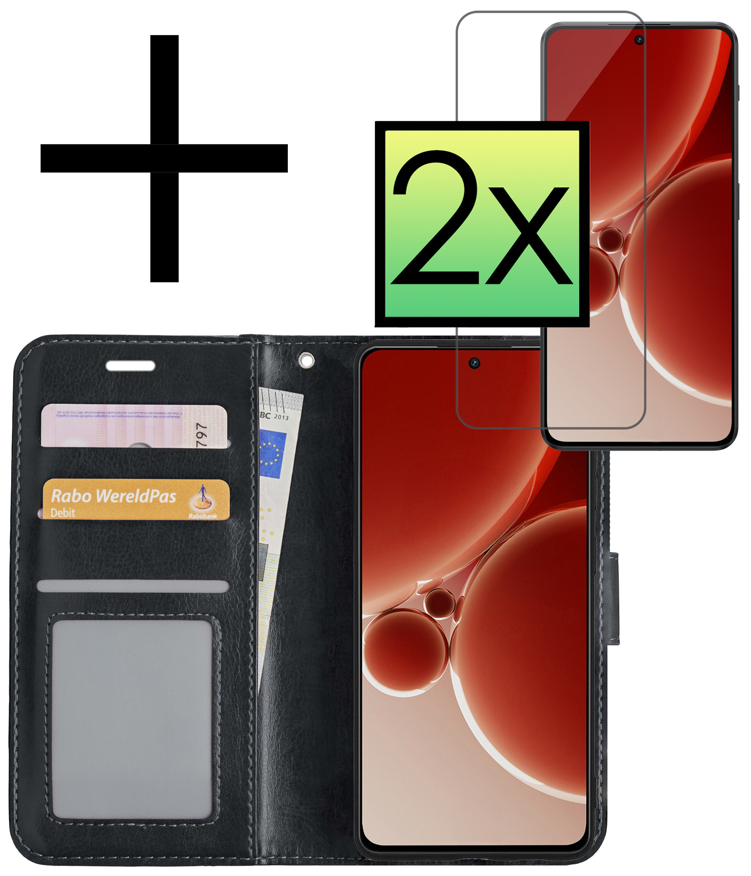 NoXx Hoes Geschikt voor OnePlus Nord 3 Hoesje Book Case Hoes Flip Cover Wallet Bookcase Met 2x Screenprotector - Zwart