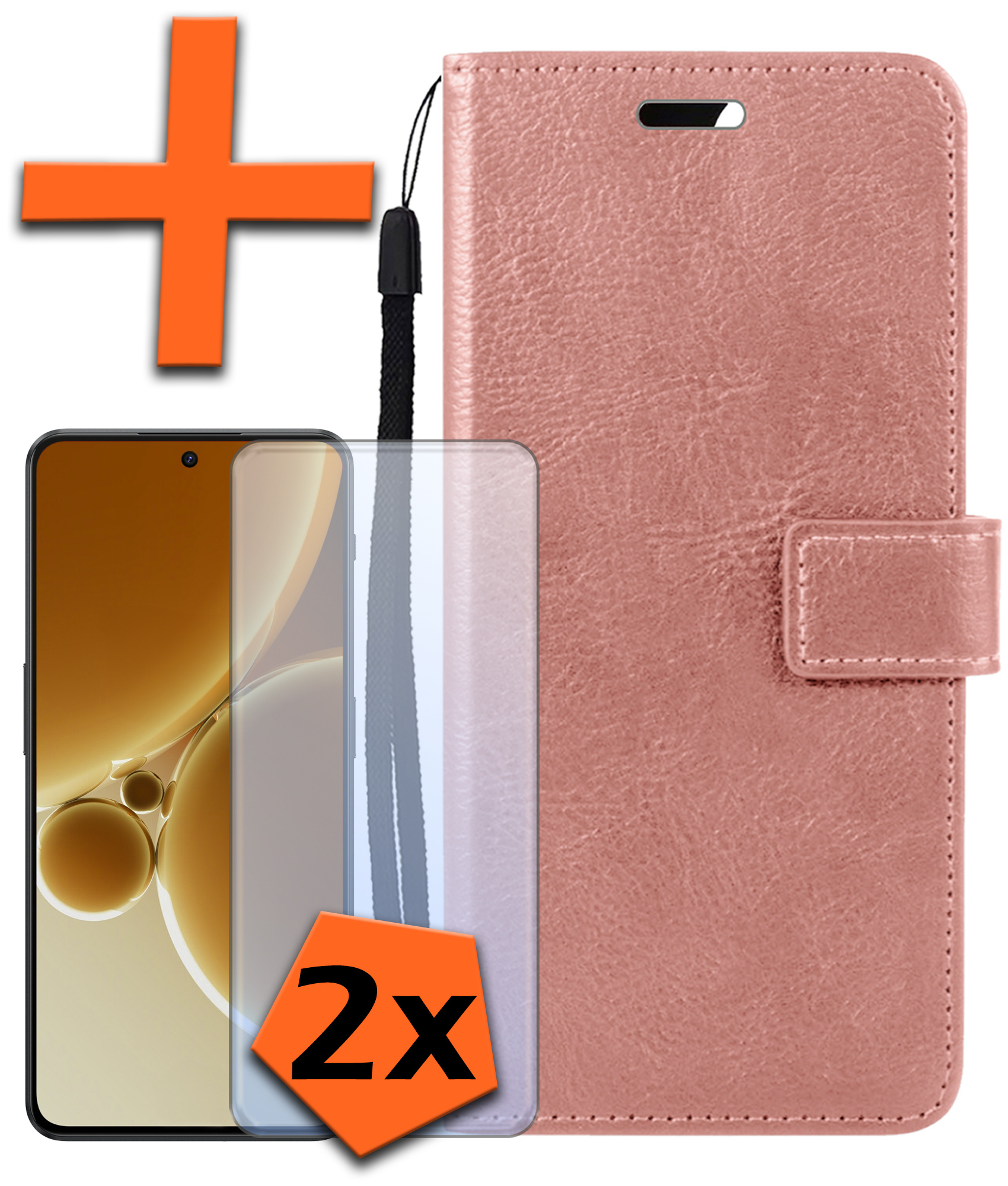 Nomfy Hoesje Geschikt voor OnePlus Nord 3 Hoes Bookcase Flipcase Book Cover Met 2x Screenprotector - Hoes Geschikt voor OnePlus Nord 3 Hoesje Book Case - Rosé goud