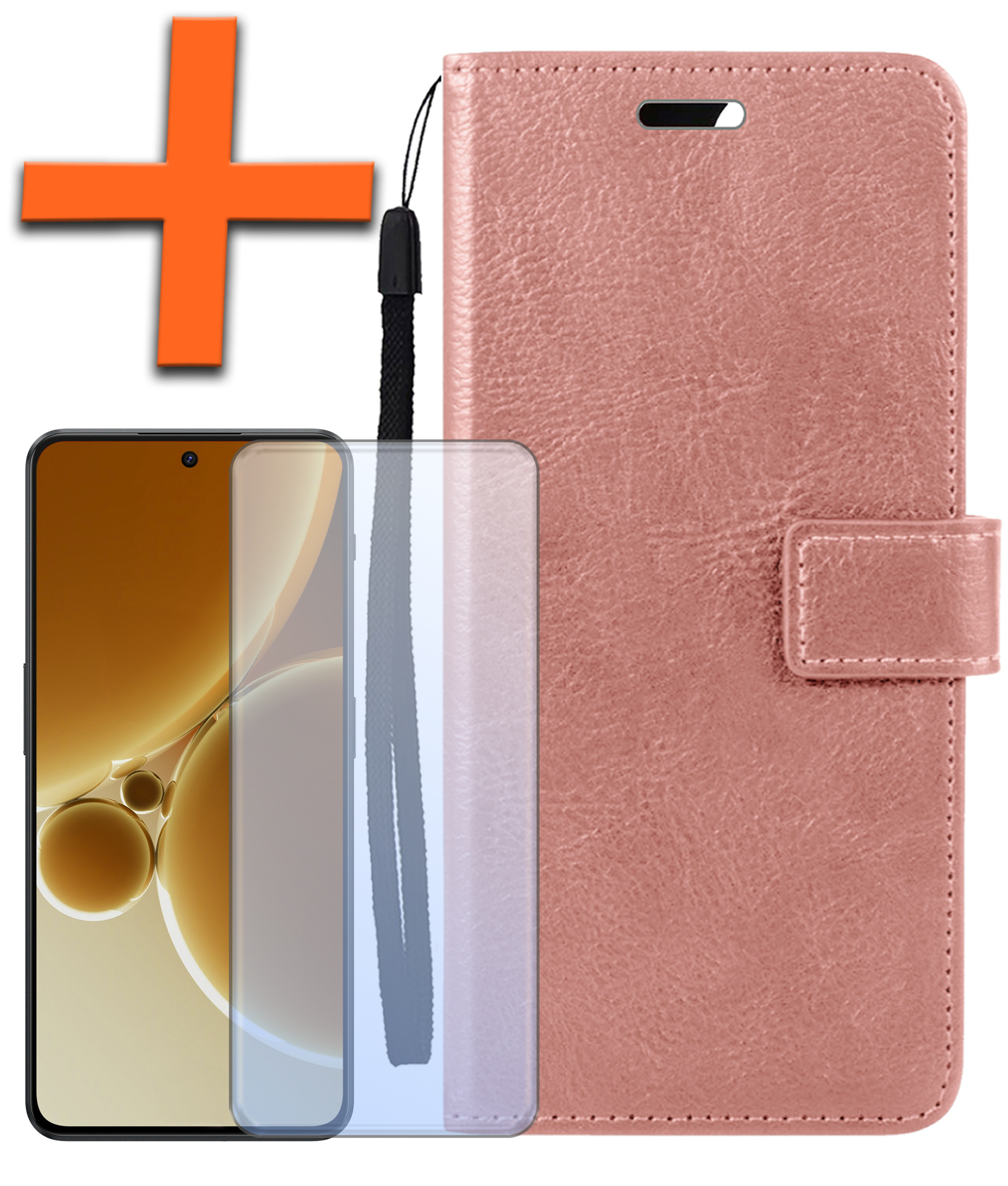 Nomfy Hoesje Geschikt voor OnePlus Nord 3 Hoes Bookcase Flipcase Book Cover Met Screenprotector - Hoes Geschikt voor OnePlus Nord 3 Hoesje Book Case - Rosé goud