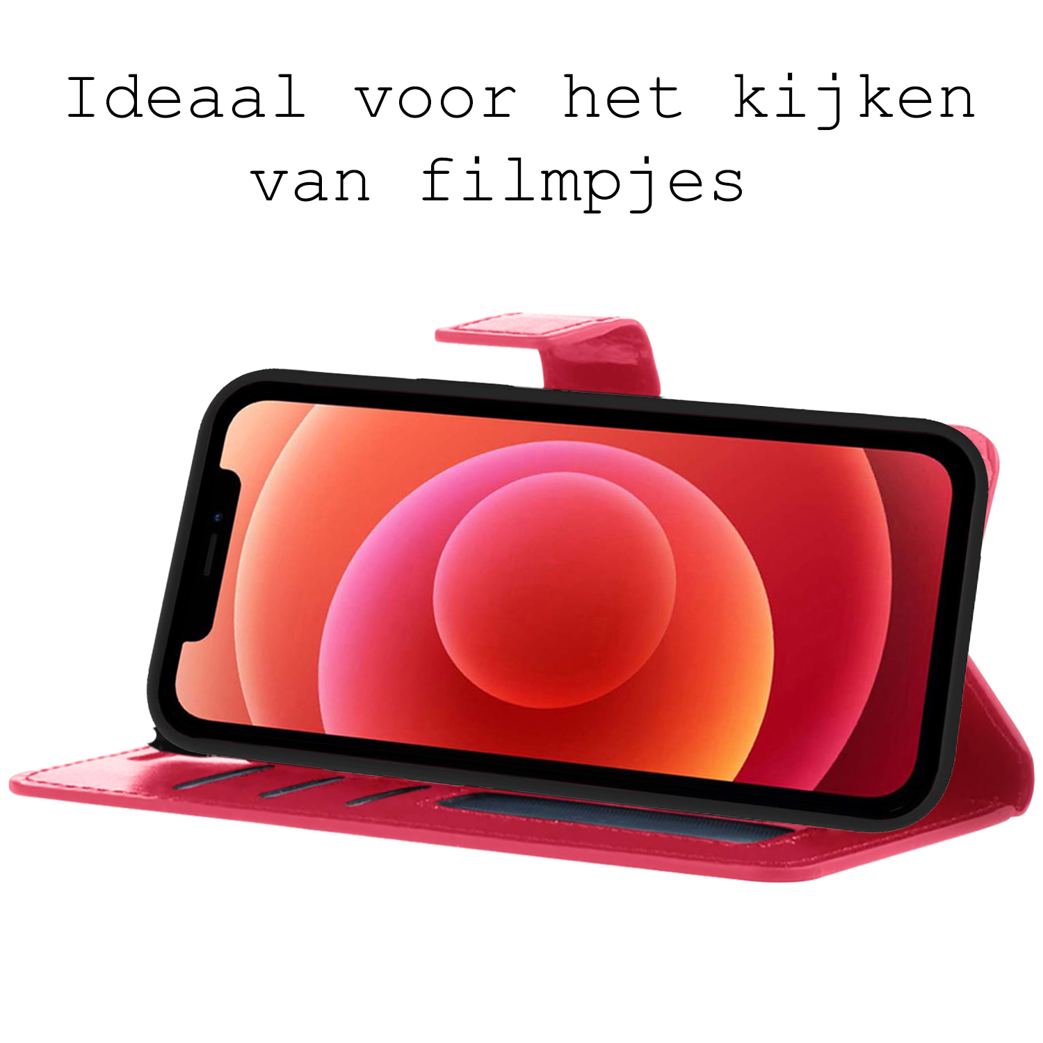 BASEY. Hoes Geschikt voor iPhone 12 Mini Hoesje Bookcase Hoes 2-in-1 Cover - Hoesje Geschikt voor iPhone 12 Mini Hoes 2-in-1 Hoesje Case - Donkerroze