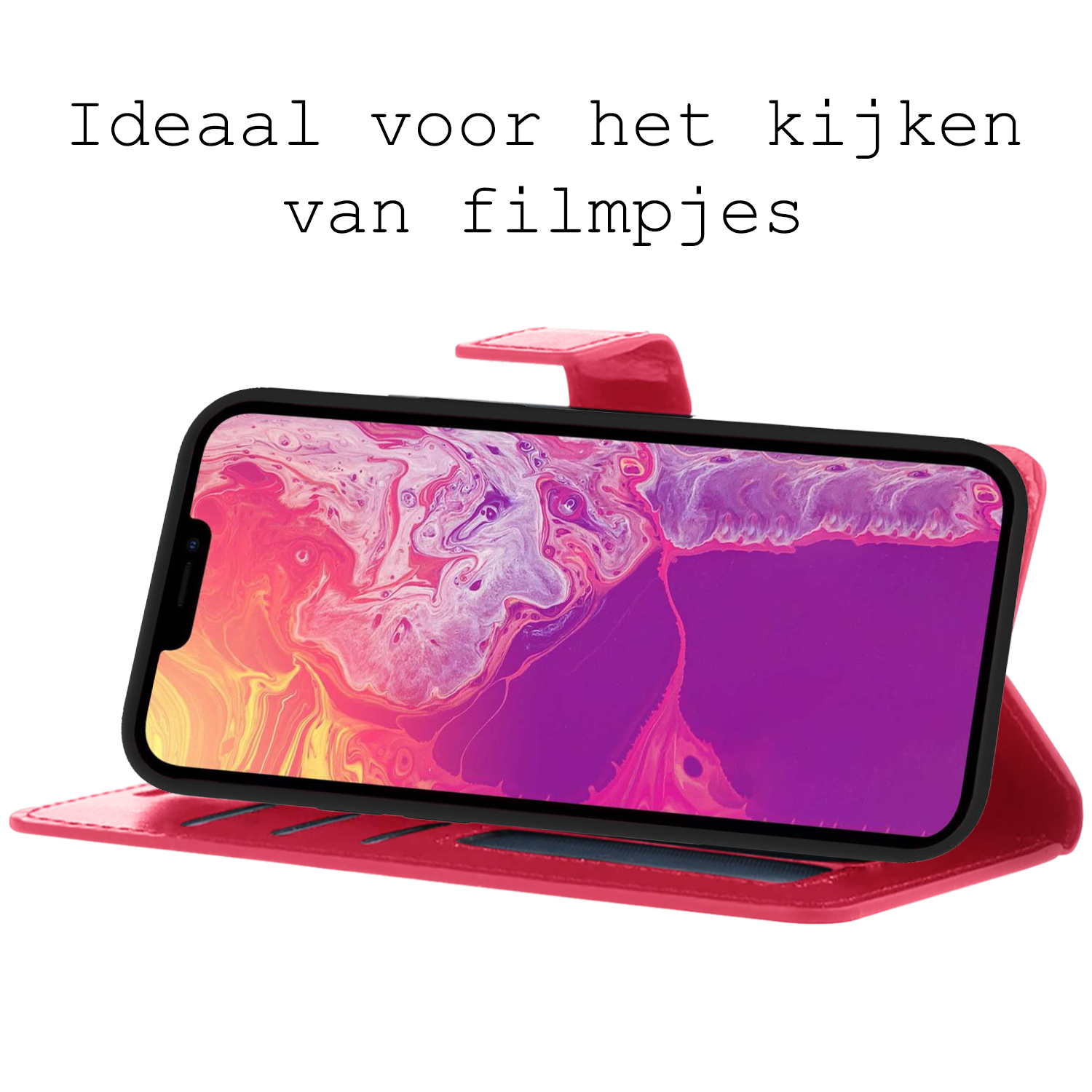 BASEY. Hoes Geschikt voor iPhone 13 Mini Hoesje Bookcase Hoes 2-in-1 Cover - Hoesje Geschikt voor iPhone 13 Mini Hoes 2-in-1 Hoesje Case - Donkerroze