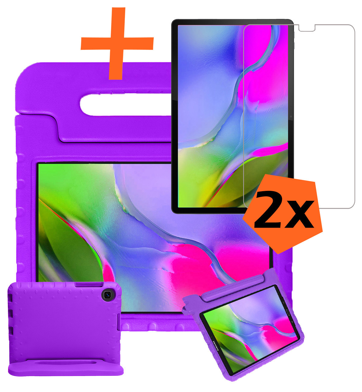 Nomfy Hoes Geschikt voor Samsung Galaxy Tab A 10.1 2019 Hoes Bumper Kindvriendelijk Kids Case Kinderhoes Met 2x Screenprotector - Hoesje Geschikt voor Samsung Tab A 10.1 2019 Hoesje Shockproof Cover Hoes - Paars