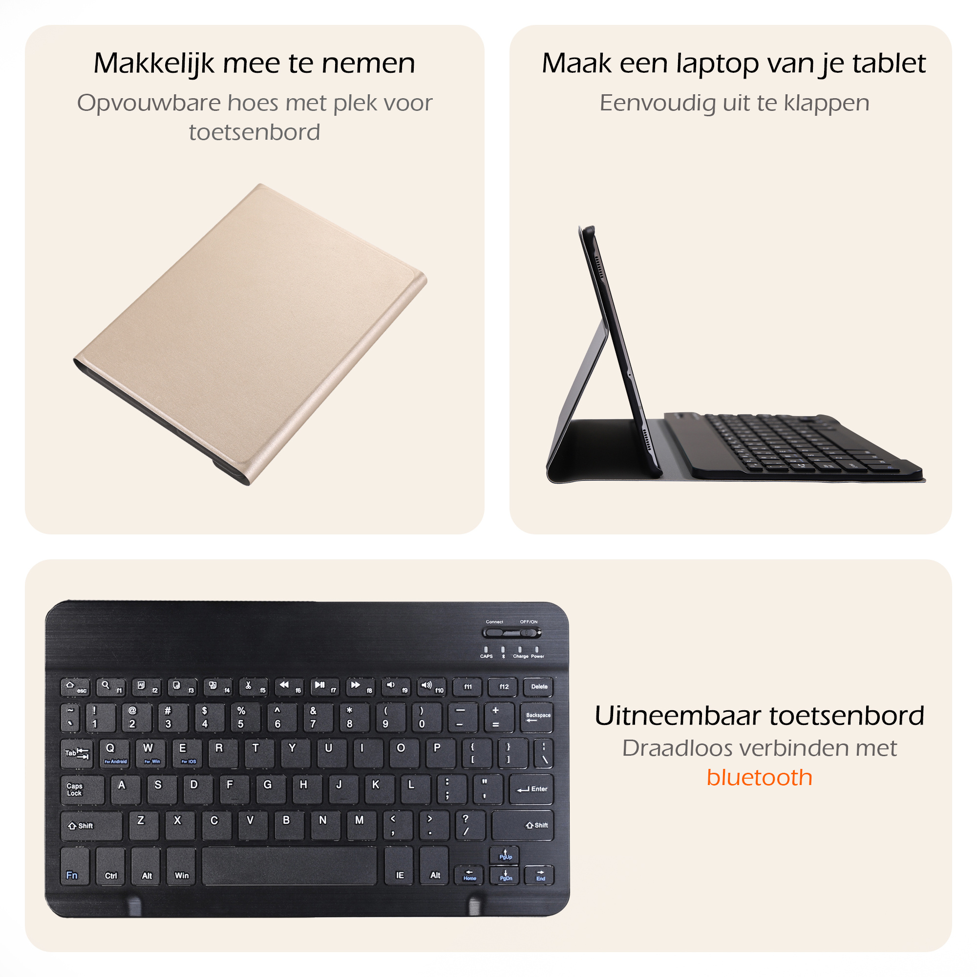 Nomfy Hoes Geschikt voor Samsung Galaxy Tab A9 Hoes Toetsenbord Hoes Case Book Cover Hoesje - Hoesje Geschikt voor Samsung Tab A9 Keyboard Hoes - Goud