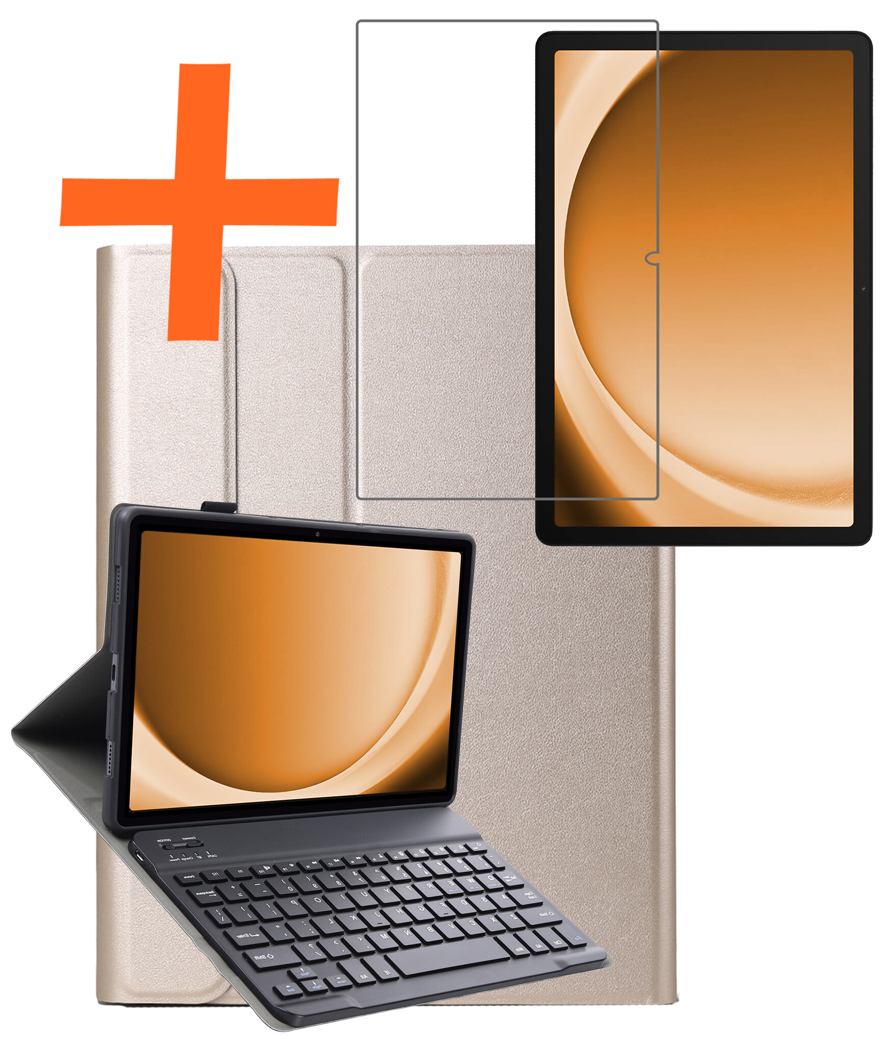Nomfy Hoes Geschikt voor Samsung Galaxy Tab A9 Hoes Toetsenbord Hoes Case Book Cover Hoesje Met Screenprotector - Hoesje Geschikt voor Samsung Tab A9 Keyboard Hoes - Goud