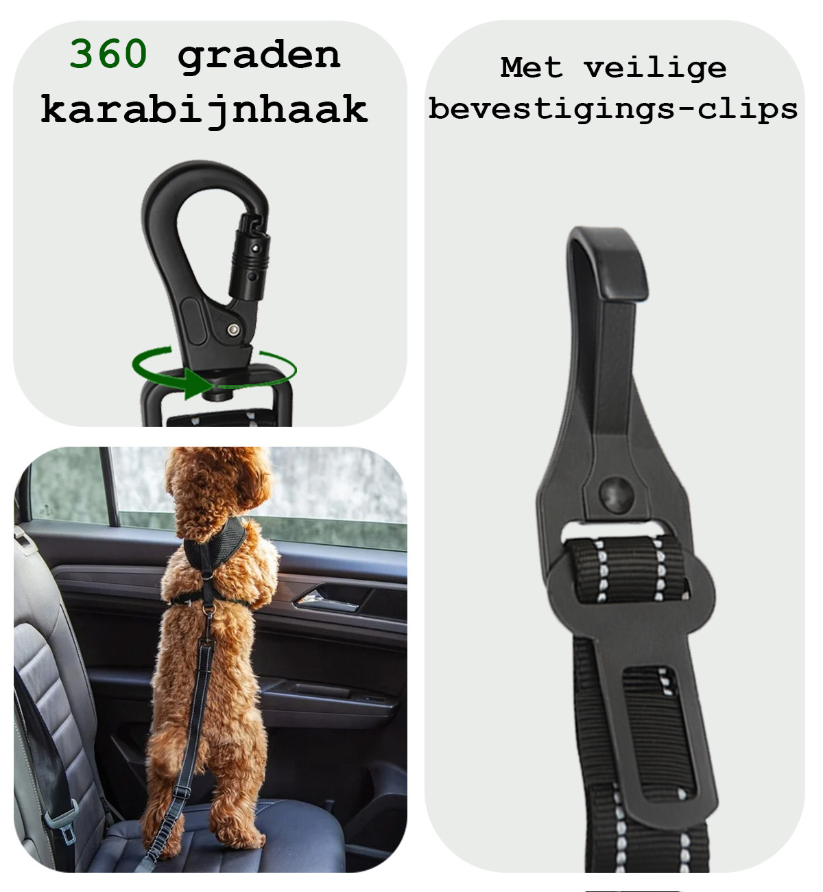 BASEY. Autogordel Hond Hondenriem Auto Hondengordel Flexibel - Luxe Hondenriem Auto Met Kliksysteem en Haak - Zwart - 2 Stuks