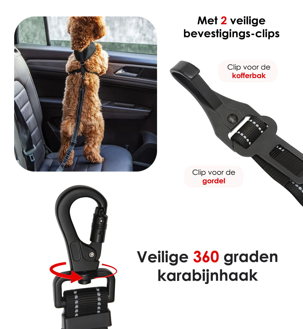 NoXx Hondenriem Autogordel Flexibele Auto hondengordel - Hondenriem Auto Met Kliksysteem en Haak - Zwart - 3x