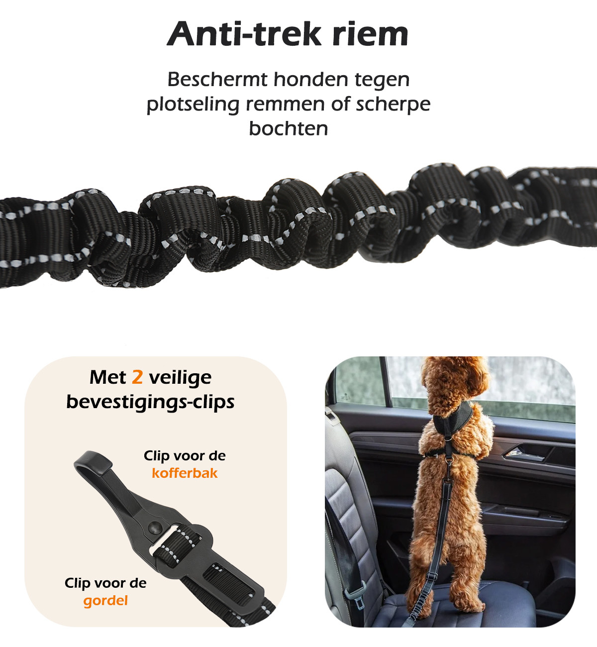 Nomfy Hondenriem Autogordel Hond Autoriem Met Kliksysteem en Haak Flexibel - Hondenriem Auto - Zwart - 3 PACK