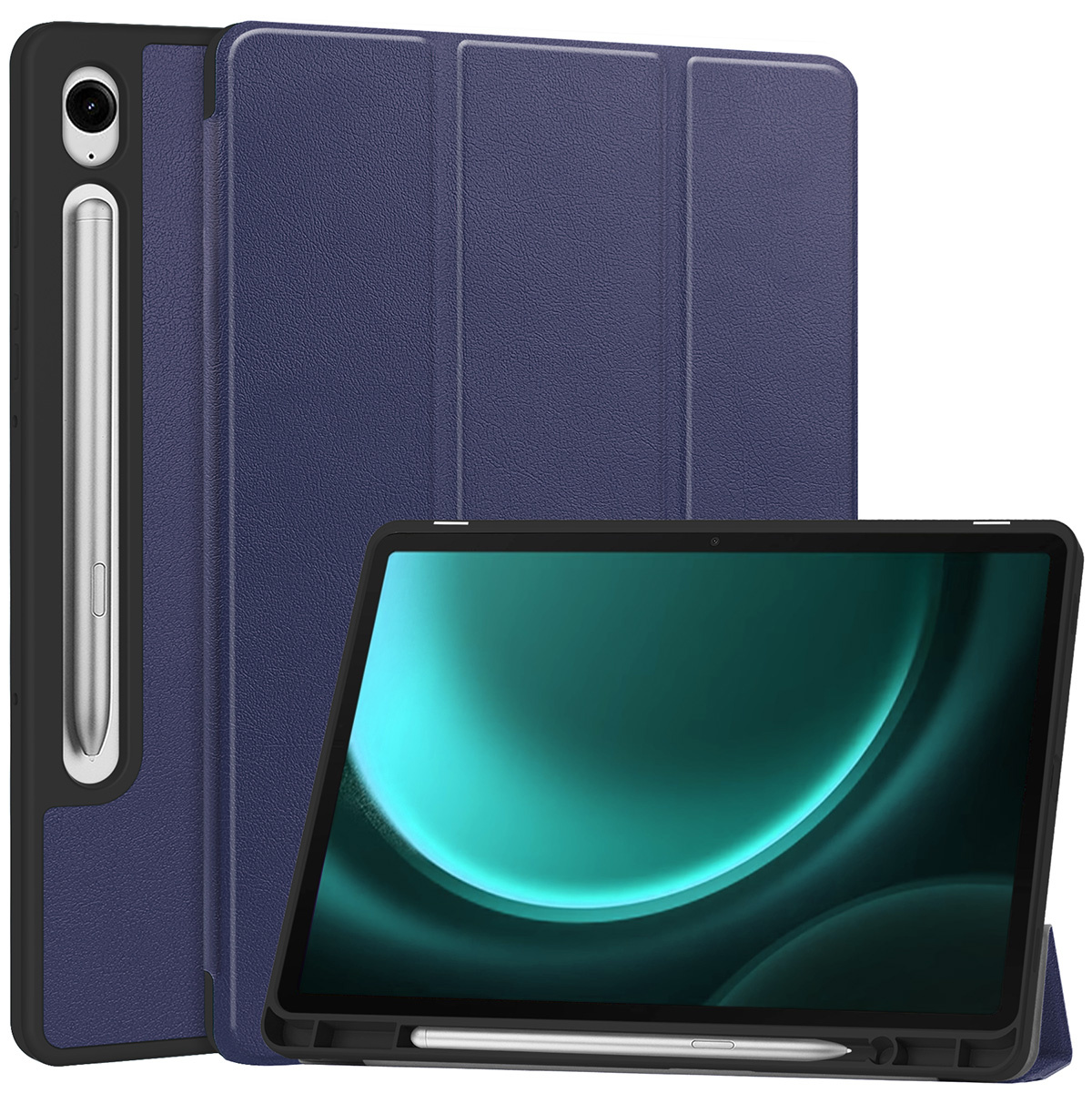 BASEY. Hoesje Geschikt voor Samsung Galaxy Tab S9 FE Hoes Case Tablet Hoesje Tri-fold Met Uitsparing Geschikt voor S Pen - Hoes Geschikt voor Samsung Tab S9 FE Hoesje Hard Cover Bookcase Hoes - Donkerblauw
