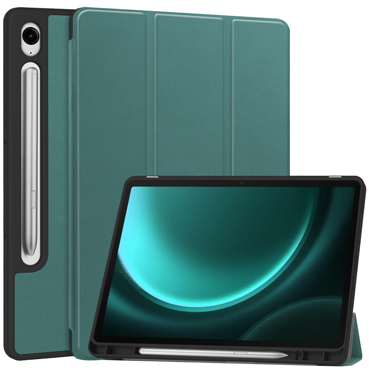 BASEY. Hoesje Geschikt voor Samsung Galaxy Tab S9 FE Hoes Case Tablet Hoesje Tri-fold Met Uitsparing Geschikt voor S Pen - Hoes Geschikt voor Samsung Tab S9 FE Hoesje Hard Cover Bookcase Hoes - Donkergroen