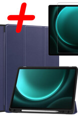 BASEY. Hoesje Geschikt voor Samsung Galaxy Tab S9 FE Hoes Case Tablet Hoesje Tri-fold Met Uitsparing Geschikt voor S Pen Met Screenprotector - Hoes Geschikt voor Samsung Tab S9 FE Hoesje Hard Cover Bookcase Hoes - Donkerblauw