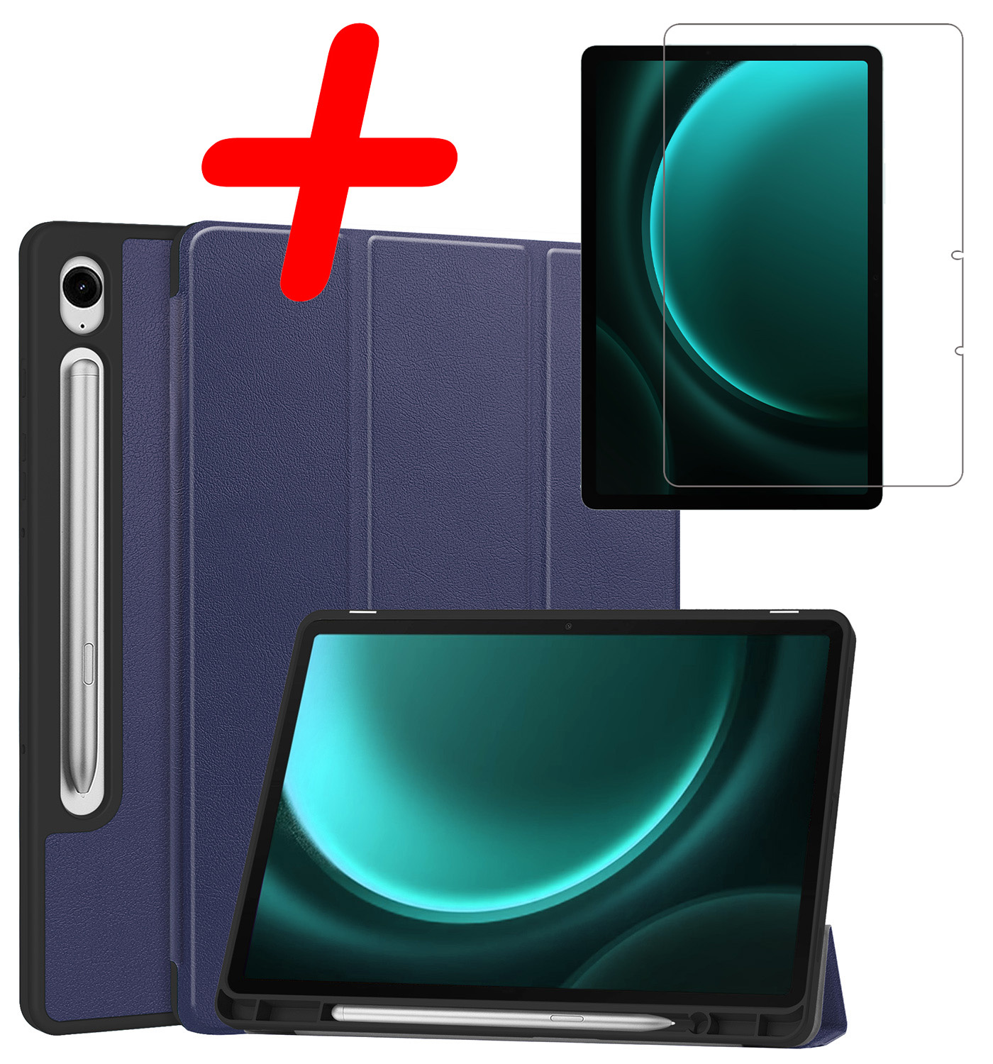 BASEY. Hoesje Geschikt voor Samsung Galaxy Tab S9 FE Hoes Case Tablet Hoesje Tri-fold Met Uitsparing Geschikt voor S Pen Met Screenprotector - Hoes Geschikt voor Samsung Tab S9 FE Hoesje Hard Cover Bookcase Hoes - Donkerblauw