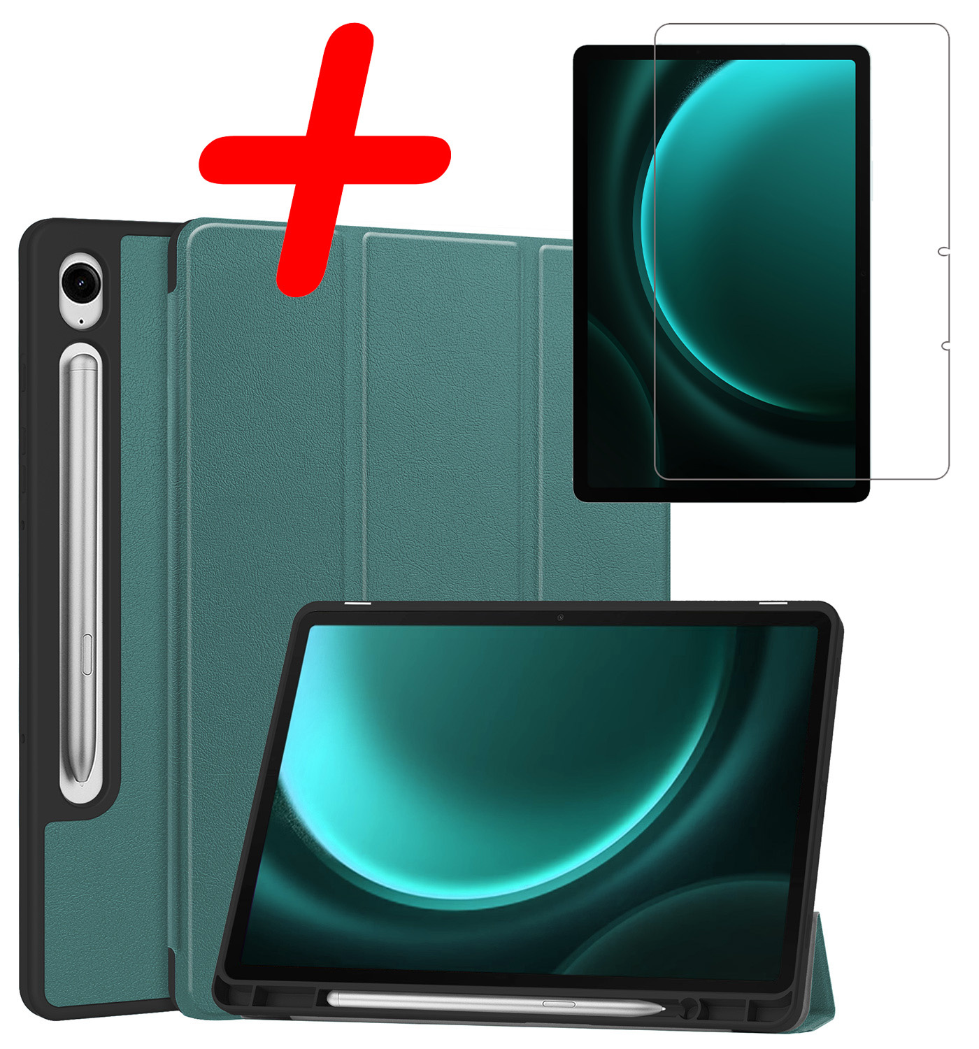 BASEY. Hoesje Geschikt voor Samsung Galaxy Tab S9 FE Hoes Case Tablet Hoesje Tri-fold Met Uitsparing Geschikt voor S Pen Met Screenprotector - Hoes Geschikt voor Samsung Tab S9 FE Hoesje Hard Cover Bookcase Hoes - Donkergroen