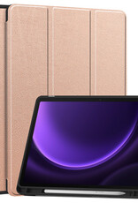 Nomfy Hoes Geschikt voor Samsung Galaxy Tab S9 FE Hoes Tri-fold Tablet Hoesje Case Met Uitsparing Geschikt voor S Pen Met Screenprotector - Hoesje Geschikt voor Samsung Tab S9 FE Hoesje Hardcover Bookcase - Rosé goud