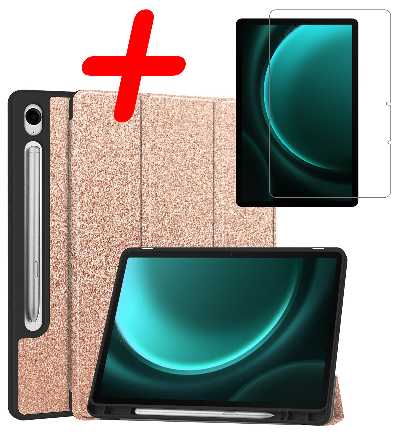 BASEY. Hoesje Geschikt voor Samsung Galaxy Tab S9 FE Hoes Case Tablet Hoesje Tri-fold Met Uitsparing Geschikt voor S Pen Met Screenprotector - Hoes Geschikt voor Samsung Tab S9 FE Hoesje Hard Cover Bookcase Hoes - Rosé goud