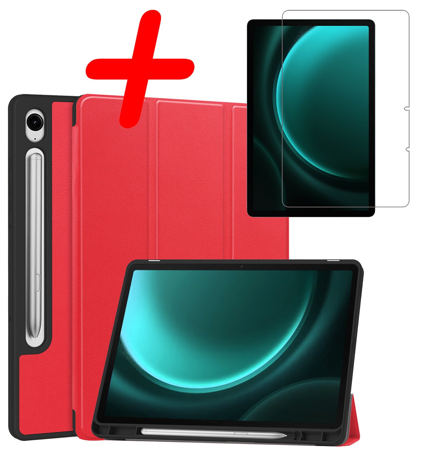 BASEY. Hoesje Geschikt voor Samsung Galaxy Tab S9 FE Hoes Case Tablet Hoesje Tri-fold Met Uitsparing Geschikt voor S Pen Met Screenprotector - Hoes Geschikt voor Samsung Tab S9 FE Hoesje Hard Cover Bookcase Hoes - Rood