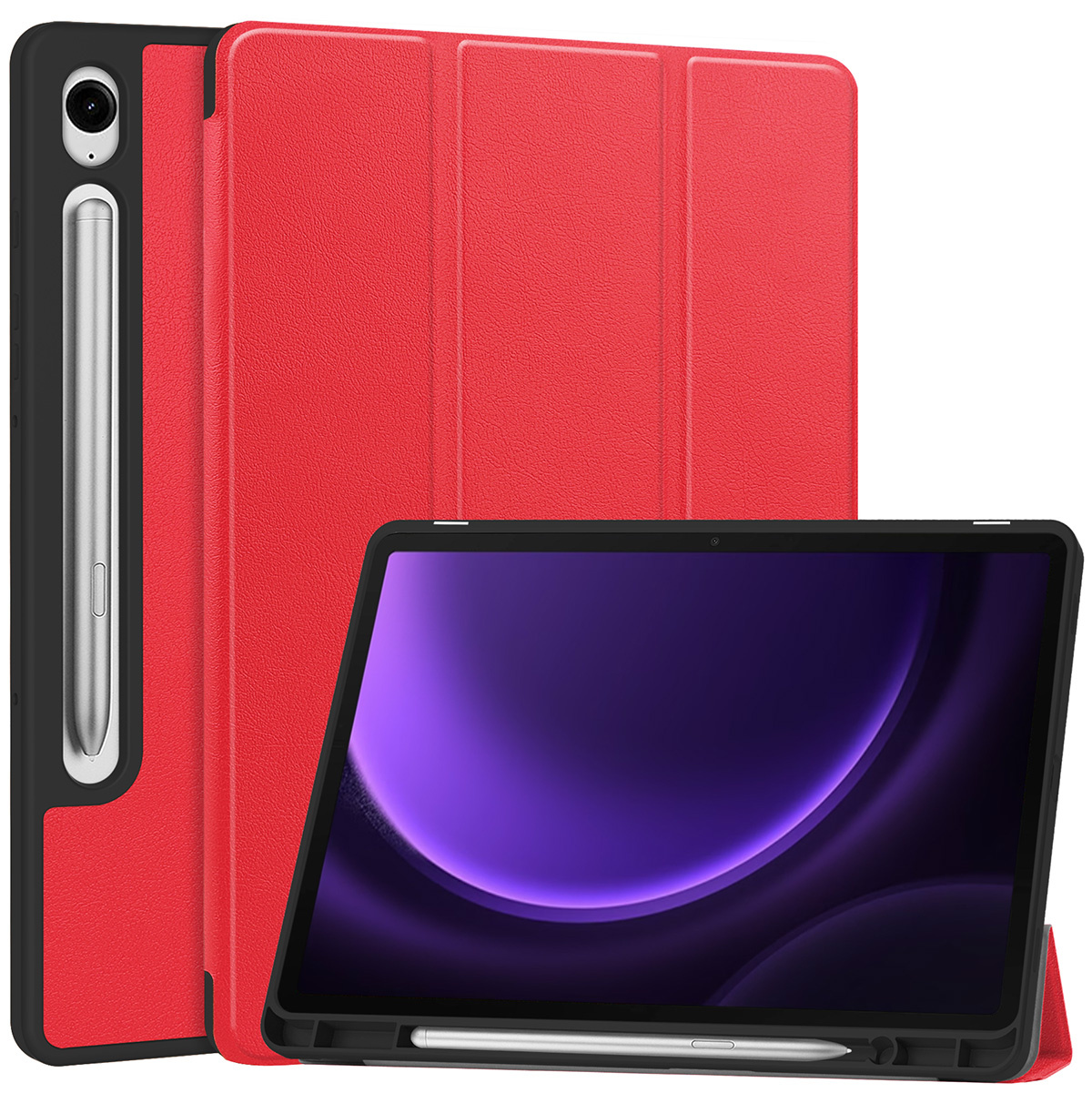 Nomfy Hoes Geschikt voor Samsung Galaxy Tab S9 FE Hoes Tri-fold Tablet Hoesje Case Met Uitsparing Geschikt voor S Pen - Hoesje Geschikt voor Samsung Tab S9 FE Hoesje Hardcover Bookcase - Rood