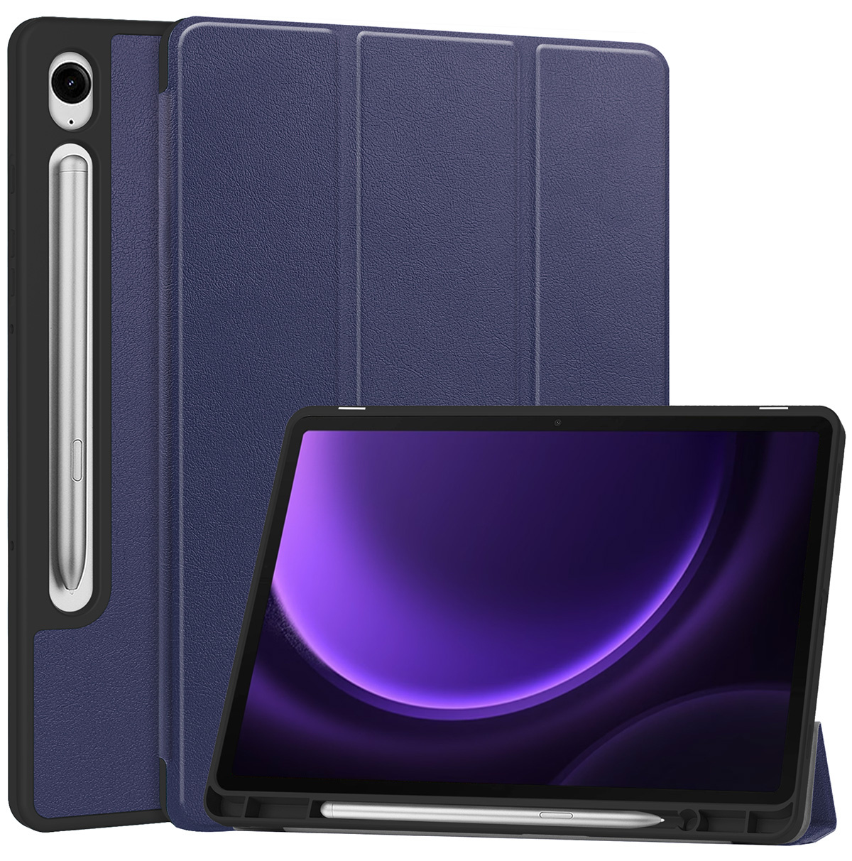 Nomfy Hoes Geschikt voor Samsung Galaxy Tab S9 FE Hoes Tri-fold Tablet Hoesje Case Met Uitsparing Geschikt voor S Pen - Hoesje Geschikt voor Samsung Tab S9 FE Hoesje Hardcover Bookcase - Donkerblauw