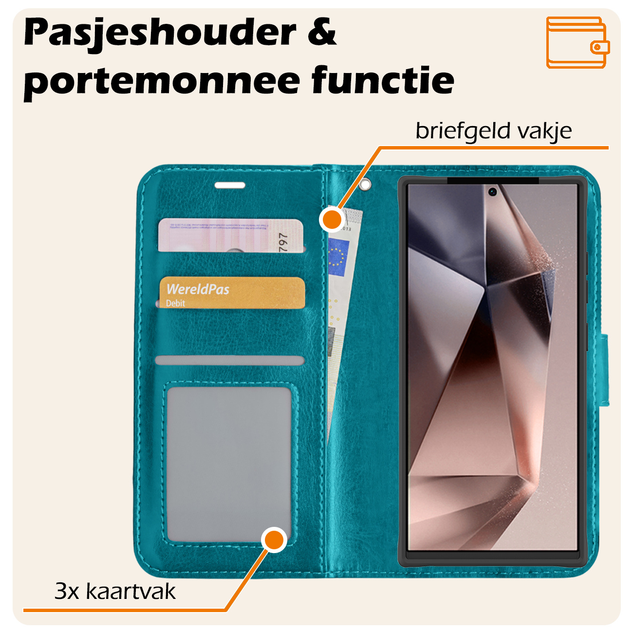 Nomfy Hoesje Geschikt voor Samsung S24 Ultra Hoes Bookcase Flipcase Book Cover - Hoes Geschikt voor Samsung Galaxy S24 Ultra Hoesje Book Case - Turquoise