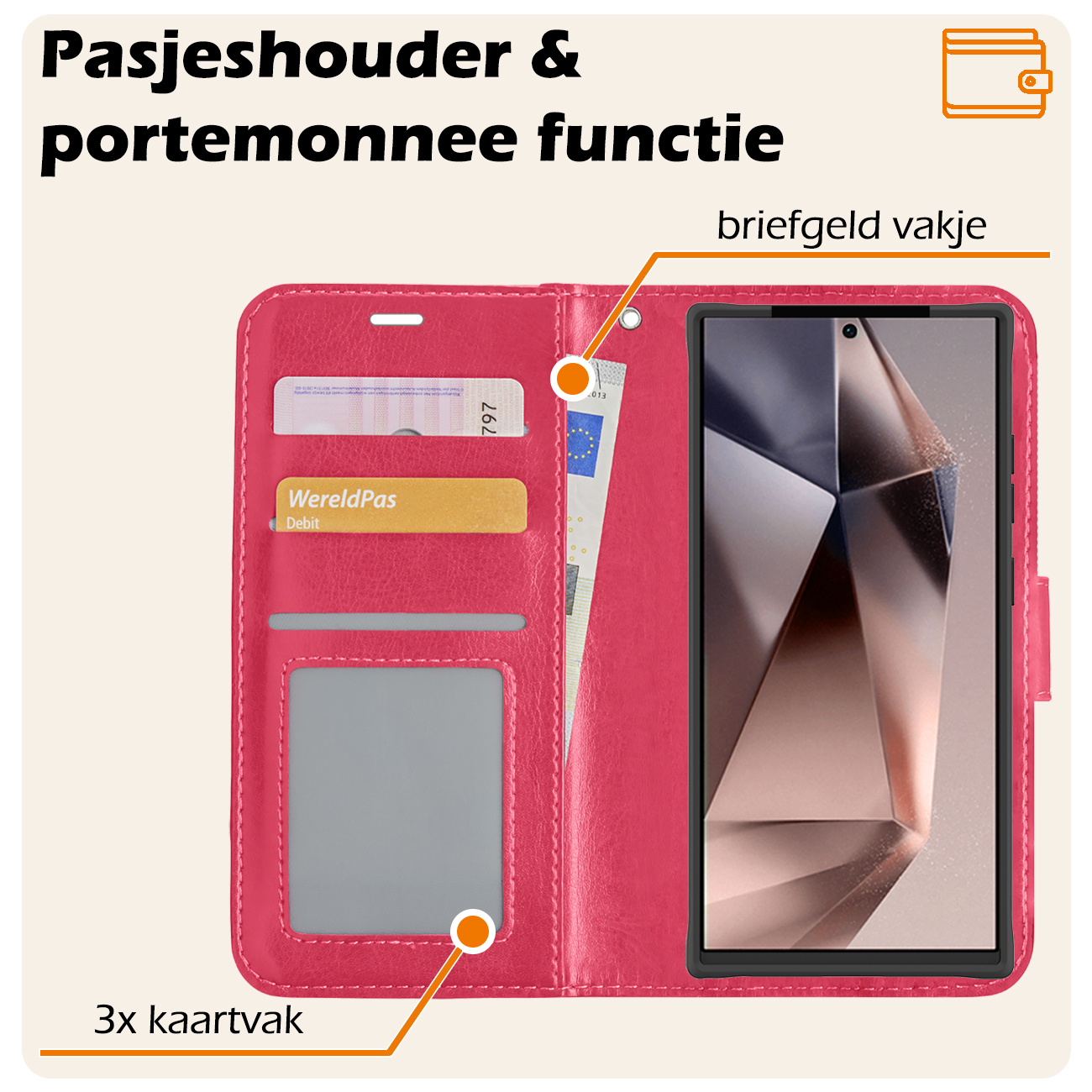 Nomfy Hoesje Geschikt voor Samsung S24 Ultra Hoes Bookcase Flipcase Book Cover - Hoes Geschikt voor Samsung Galaxy S24 Ultra Hoesje Book Case - Donkerroze