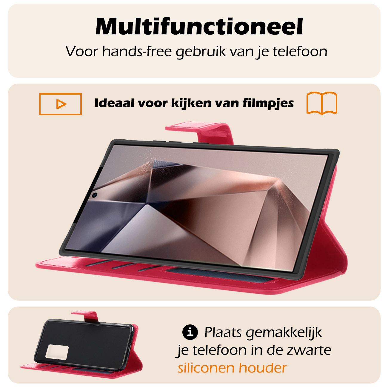 Nomfy Hoesje Geschikt voor Samsung S24 Ultra Hoes Bookcase Flipcase Book Cover - Hoes Geschikt voor Samsung Galaxy S24 Ultra Hoesje Book Case - Donkerroze
