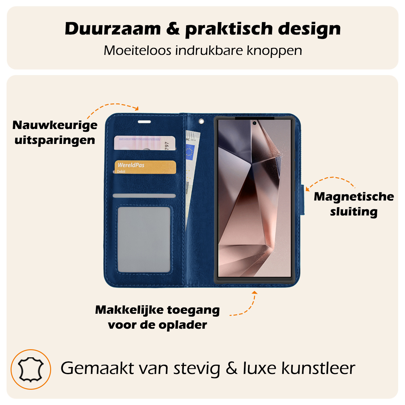 Nomfy Hoesje Geschikt voor Samsung S24 Ultra Hoes Bookcase Flipcase Book Cover - Hoes Geschikt voor Samsung Galaxy S24 Ultra Hoesje Book Case - Donkerblauw