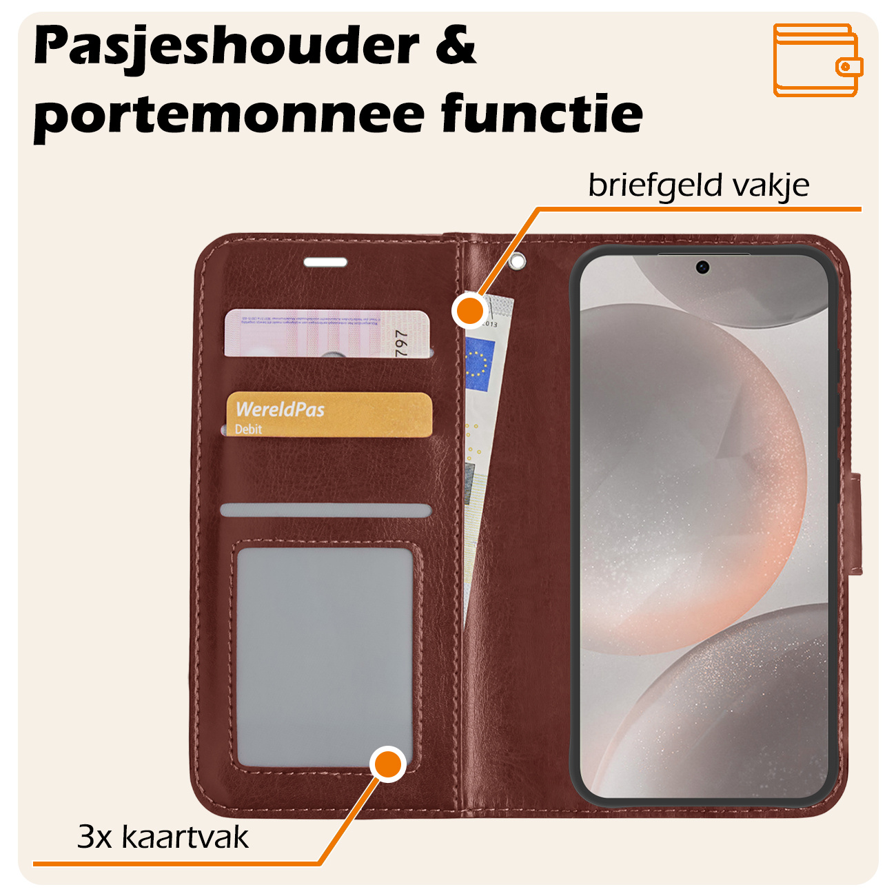 Nomfy Hoesje Geschikt voor Samsung S24 Plus Hoes Bookcase Flipcase Book Cover - Hoes Geschikt voor Samsung Galaxy S24 Plus Hoesje Book Case - Bruin