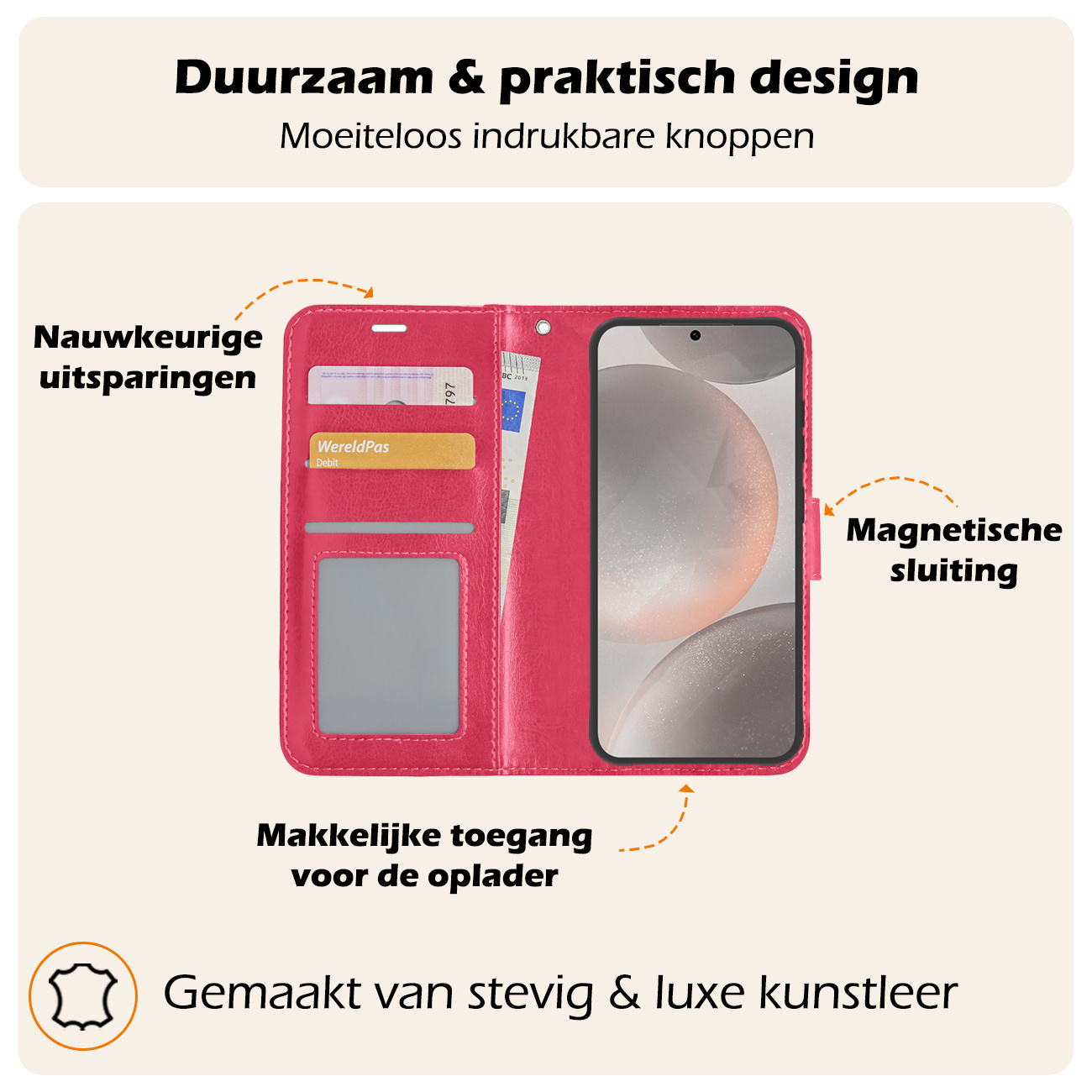 Nomfy Hoesje Geschikt voor Samsung S24 Hoes Bookcase Flipcase Book Cover - Hoes Geschikt voor Samsung Galaxy S24 Hoesje Book Case - Donkerroze