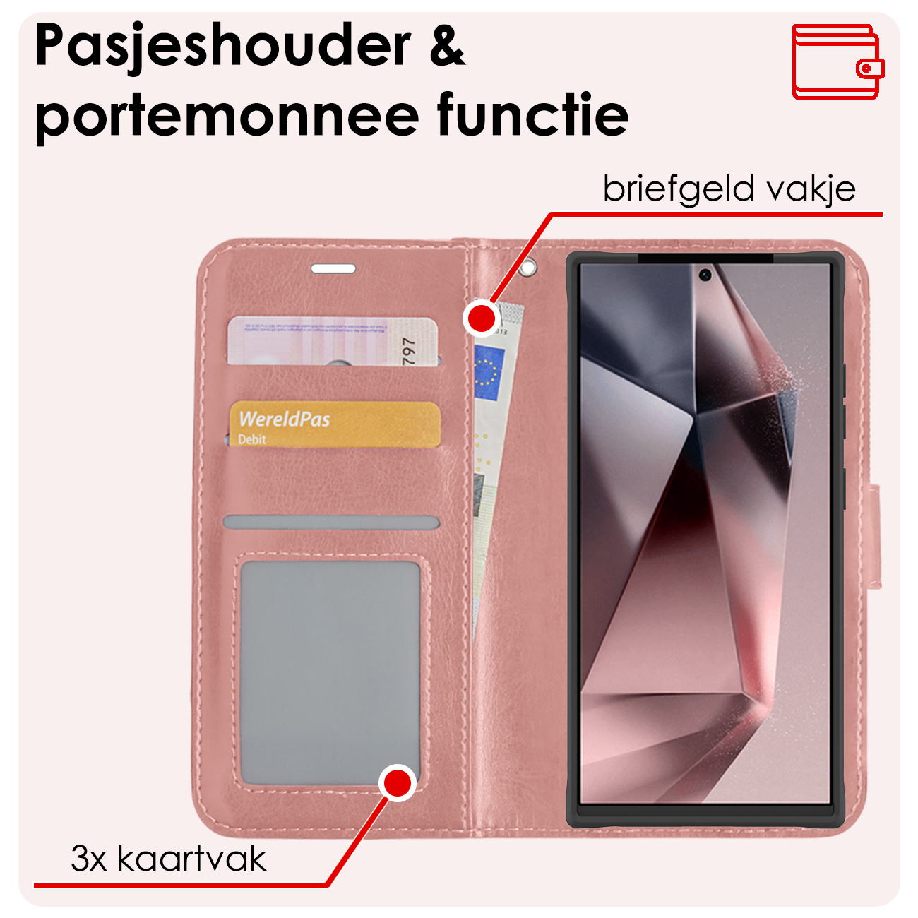 NoXx Hoes Geschikt voor Samsung S24 Ultra Hoesje Book Case Hoes Flip Cover Wallet Bookcase - Rosé goud