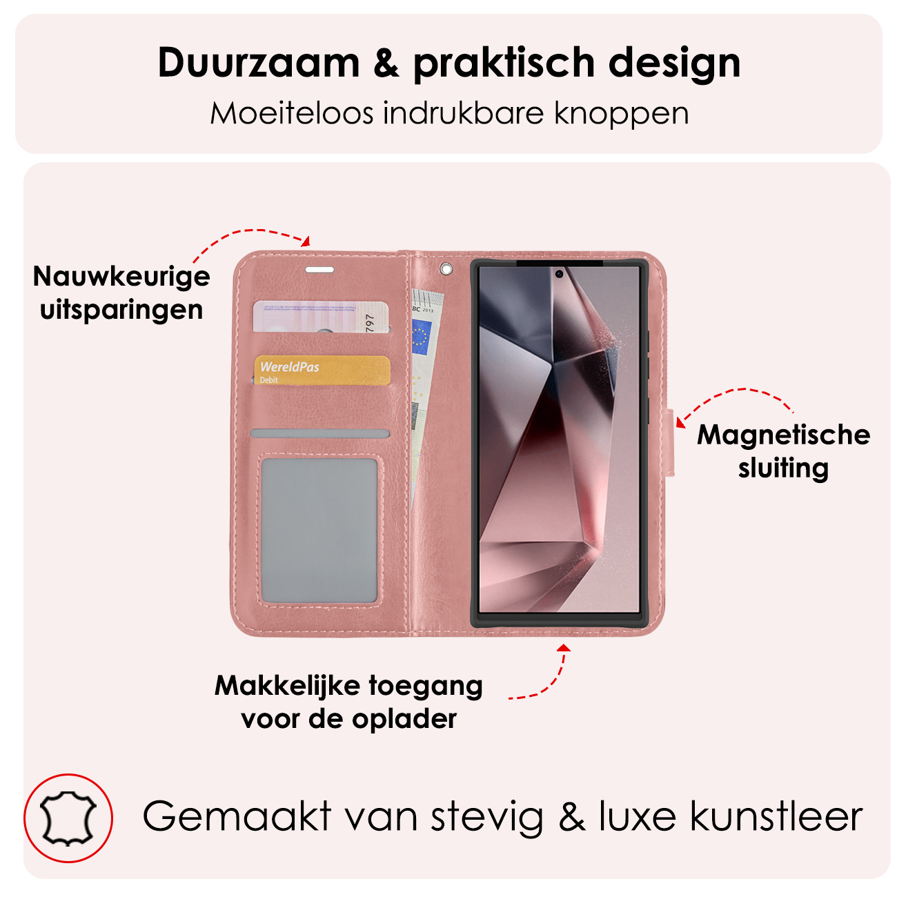 NoXx Hoes Geschikt voor Samsung S24 Ultra Hoesje Book Case Hoes Flip Cover Wallet Bookcase - Rosé goud