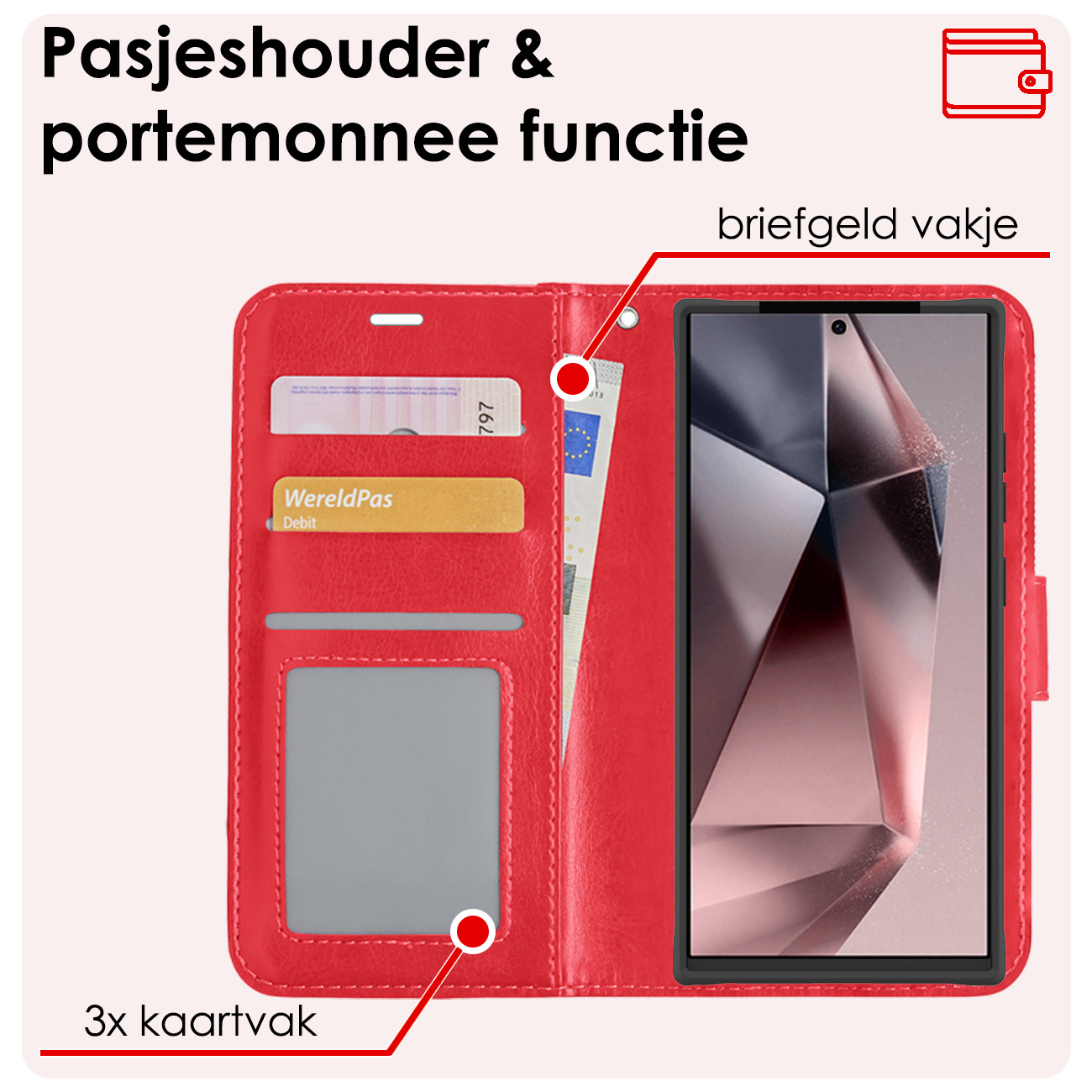 NoXx Hoes Geschikt voor Samsung S24 Ultra Hoesje Book Case Hoes Flip Cover Wallet Bookcase - Rood